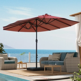 HOMREST 15ft Large Double-Sided Patio Umbrella, Outdoor Crank System, and Base, Redoutdoor patio furniture set