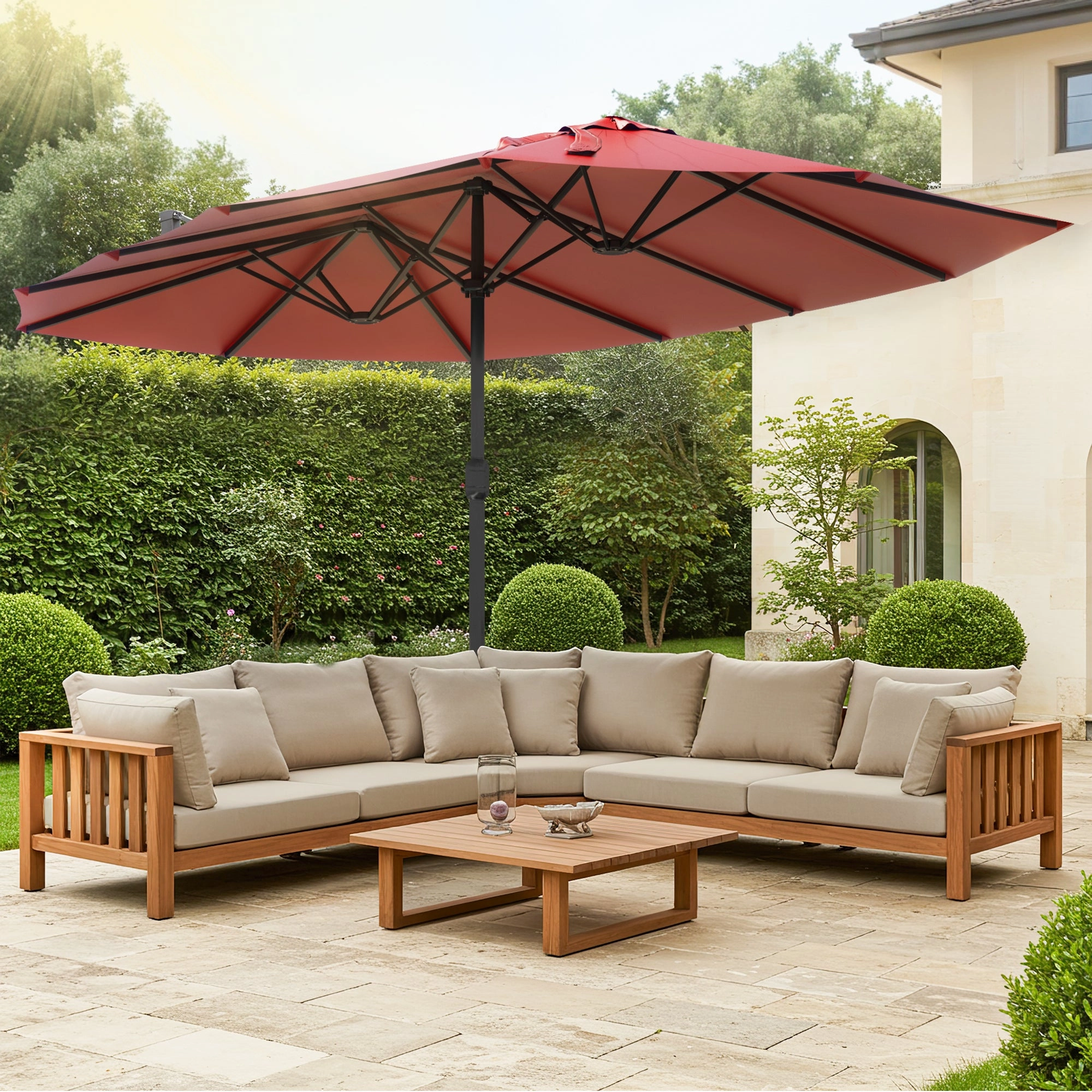 HOMREST 15ft Large Double-Sided Patio Umbrella, Outdoor Crank System, and Base, Red