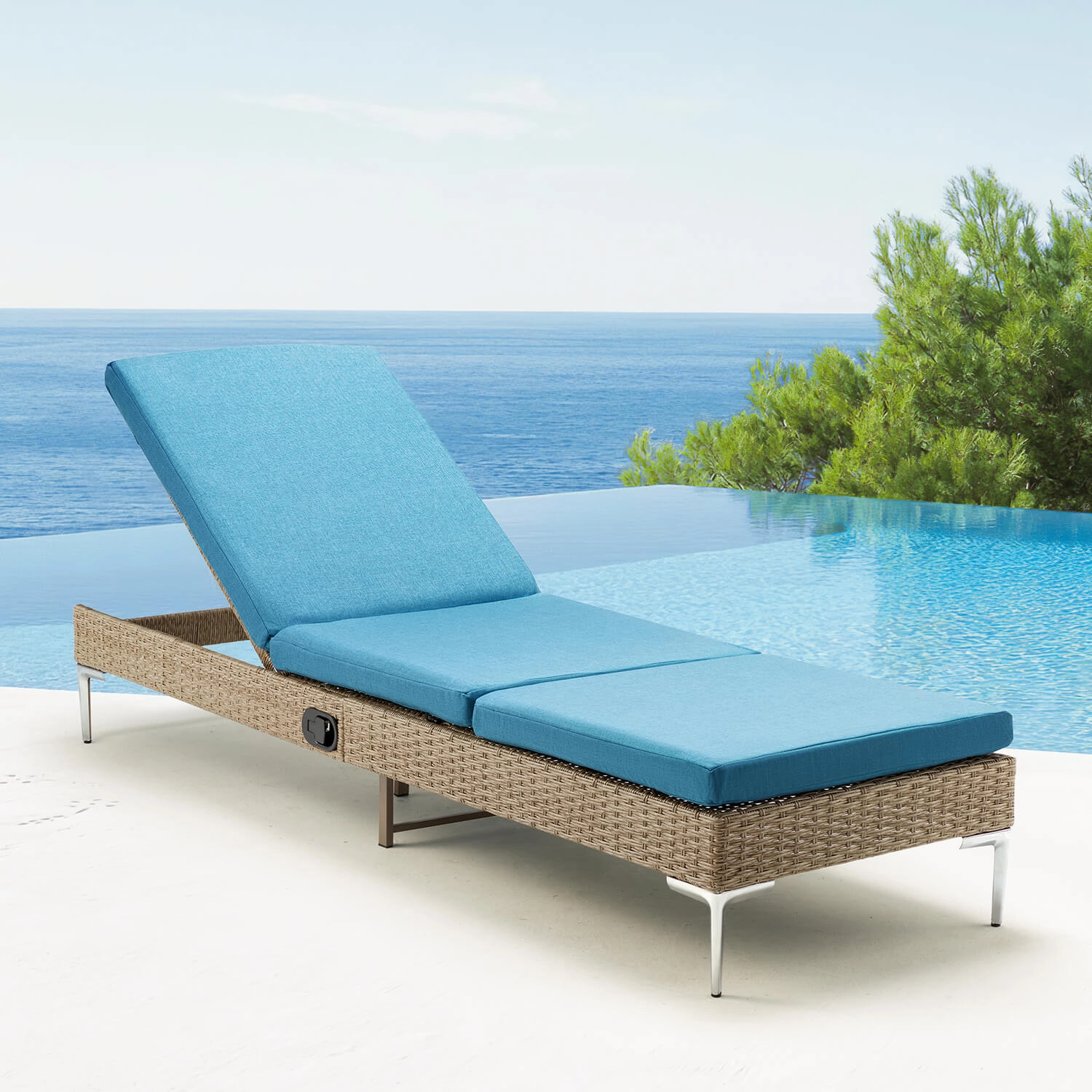 Homrest 2PCS Patio Rattan Chaise Lounge Chair Outdoor Wicker Recliner Thickened Cushion Stepless Adjustable with Gas Cylinder  (Blue)