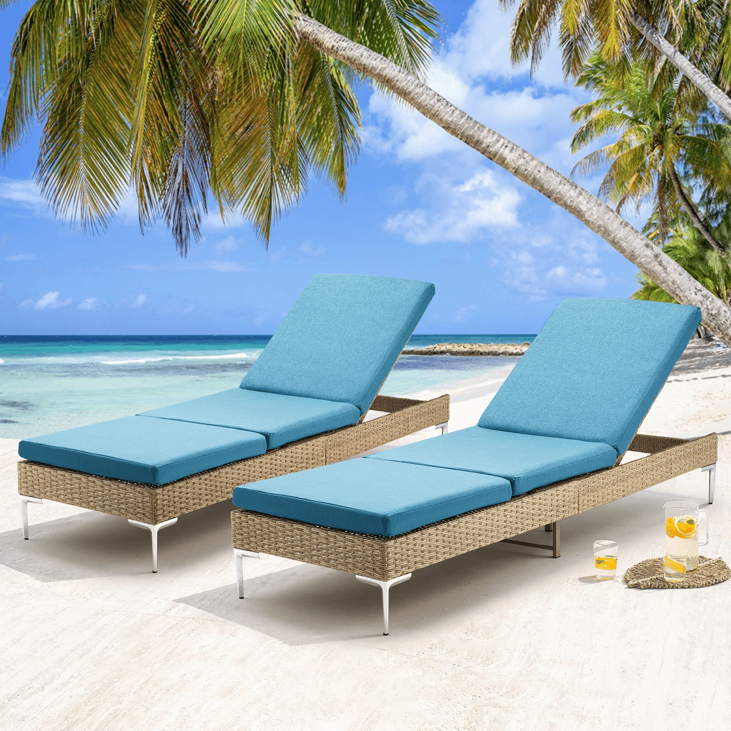 Homrest 2PCS Patio Rattan Chaise Lounge Chair Outdoor Wicker Recliner Thickened Cushion Stepless Adjustable with Gas Cylinder  (Blue)outdoor patio furniture set
