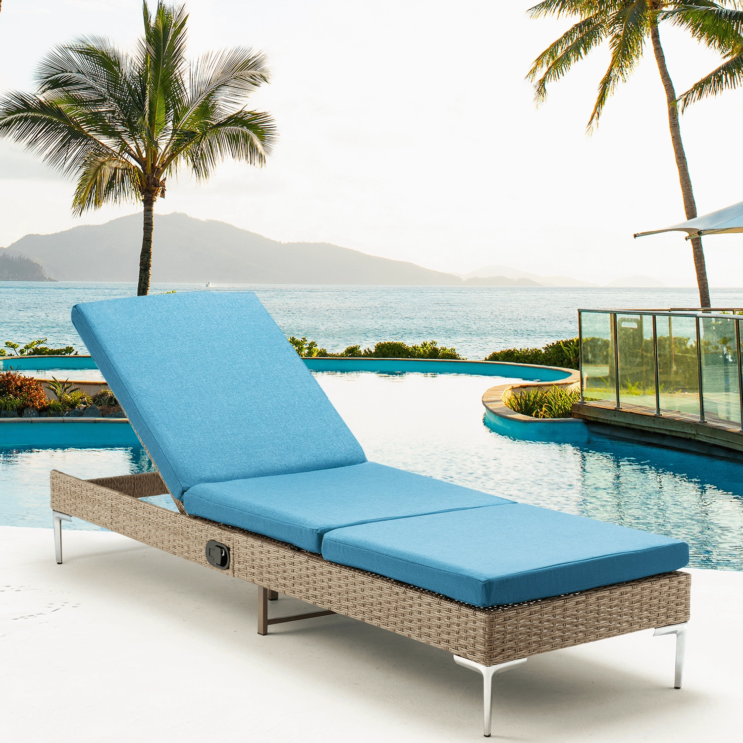 Homrest 2PCS Patio Rattan Chaise Lounge Chair Outdoor Wicker Recliner Thickened Cushion Stepless Adjustable with Gas Cylinder  (Blue)