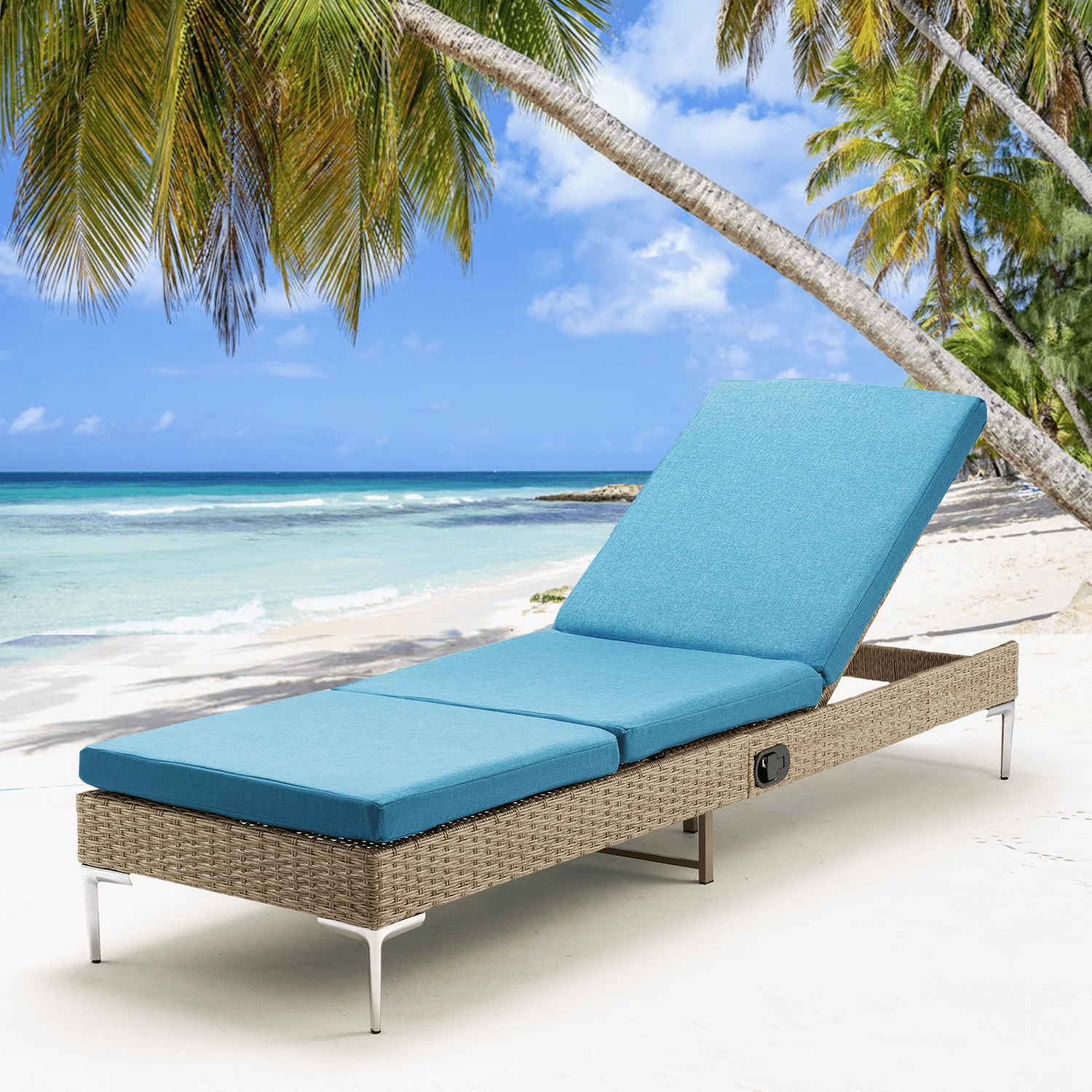 Homrest 2PCS Patio Rattan Chaise Lounge Chair Outdoor Wicker Recliner Thickened Cushion Stepless Adjustable with Gas Cylinder  (Blue)
