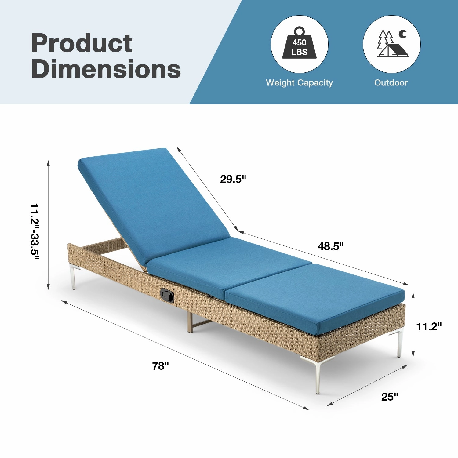 Homrest 2PCS Patio Rattan Chaise Lounge Chair Outdoor Wicker Recliner Thickened Cushion Stepless Adjustable with Gas Cylinder  (Blue)