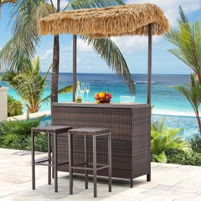 Homrest 3 Pcs Outdoor Tiki Bar Set w/2 Height Stools, Brownoutdoor patio furniture set