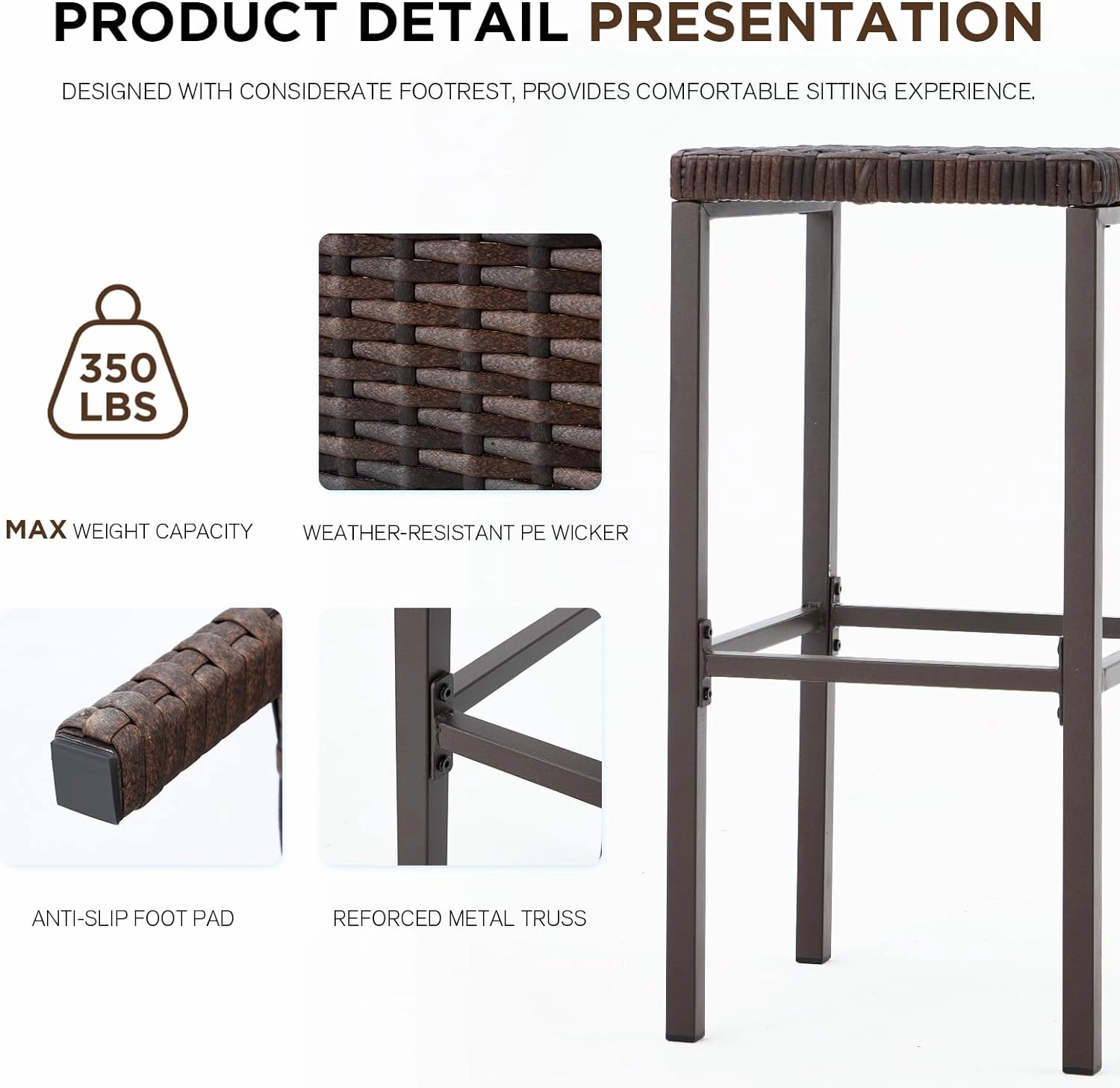 Homrest 3 Pcs Outdoor Tiki Bar Set w/2 Height Stools, Brown