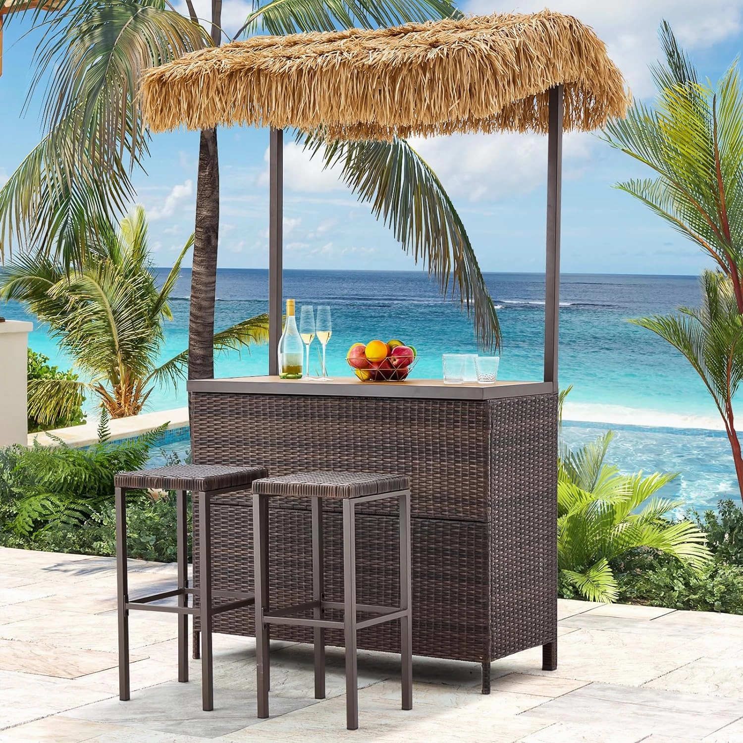 Homrest 3 Pcs Outdoor Tiki Bar Set w/2 Height Stools, Brownoutdoor patio furniture set