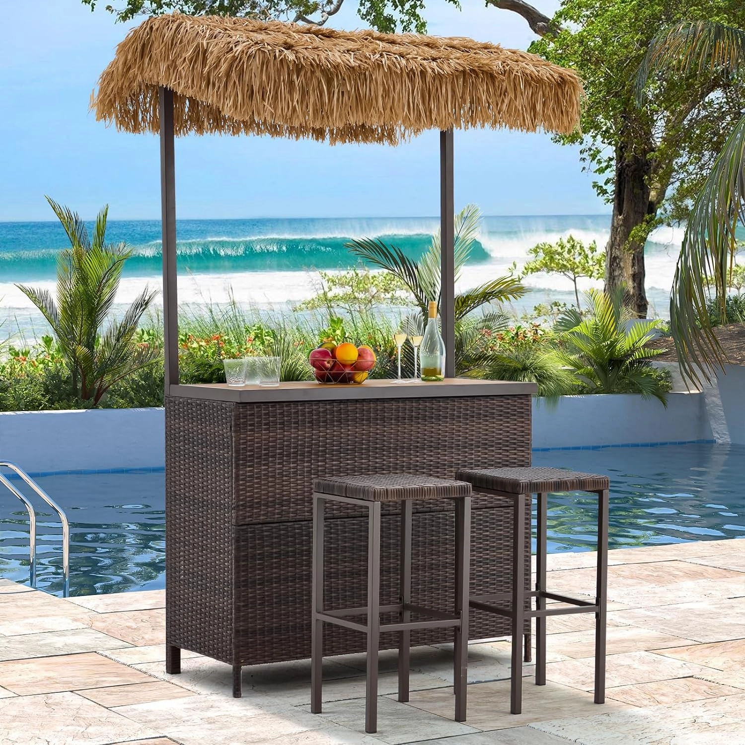 Homrest 3 Pcs Outdoor Tiki Bar Set w/2 Height Stools, Brown