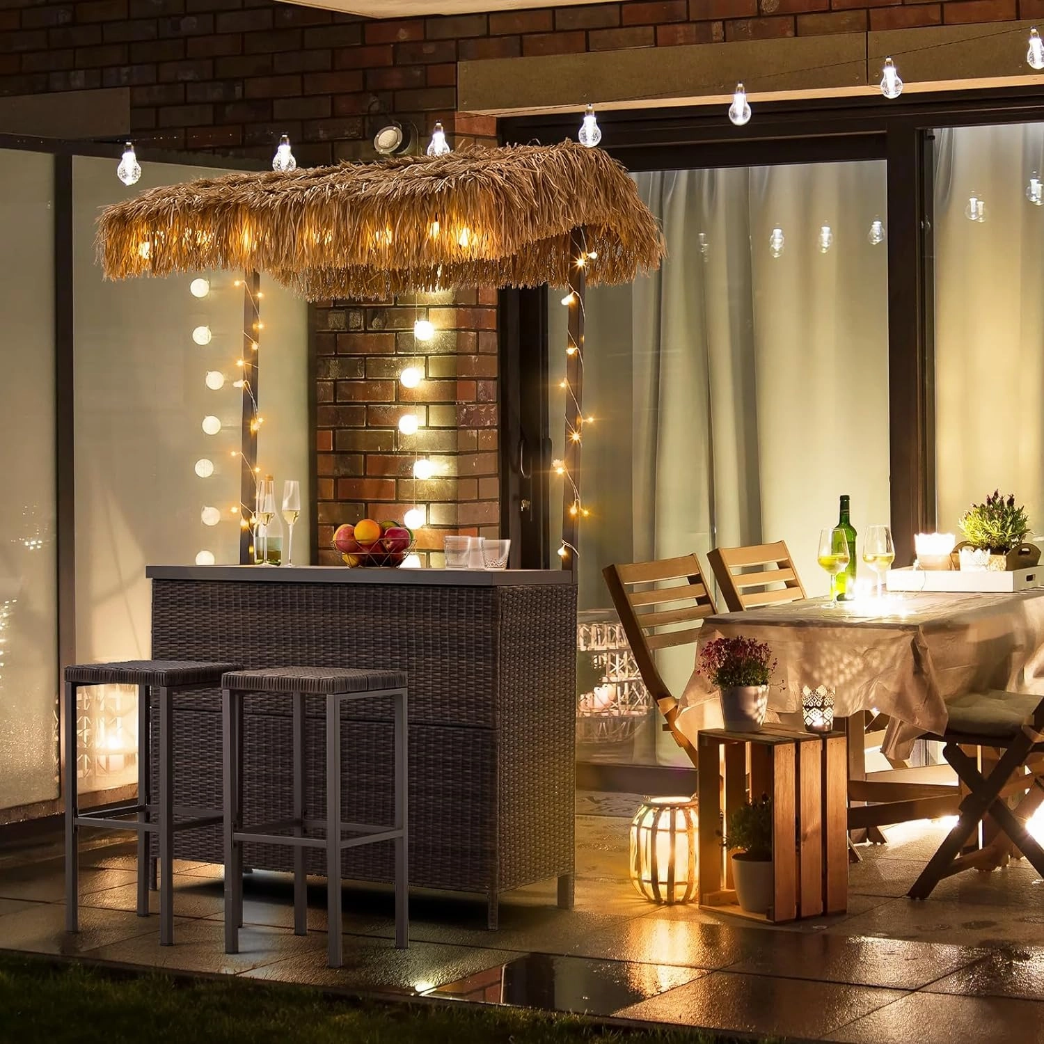 Homrest 3 Pcs Outdoor Tiki Bar Set w/2 Height Stools, Brown