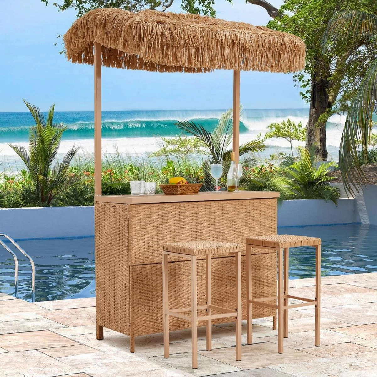 Homrest 3 Pcs Outdoor Tiki Bar Set w/2 Height Stools, Storage Shelf, Canopy, Beige