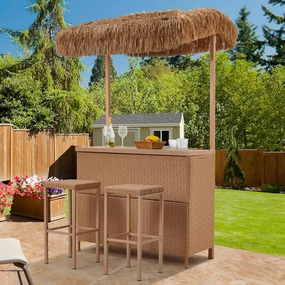 Homrest 3 Pcs Outdoor Tiki Bar Set w/2 Height Stools, Storage Shelf, Canopy, Beigeoutdoor patio furniture set