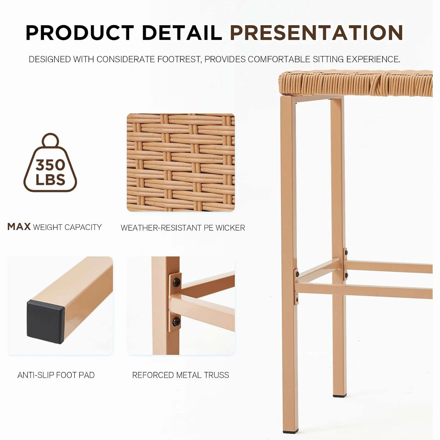 Homrest 3 Pcs Outdoor Tiki Bar Set w/2 Height Stools, Storage Shelf, Canopy, Beige