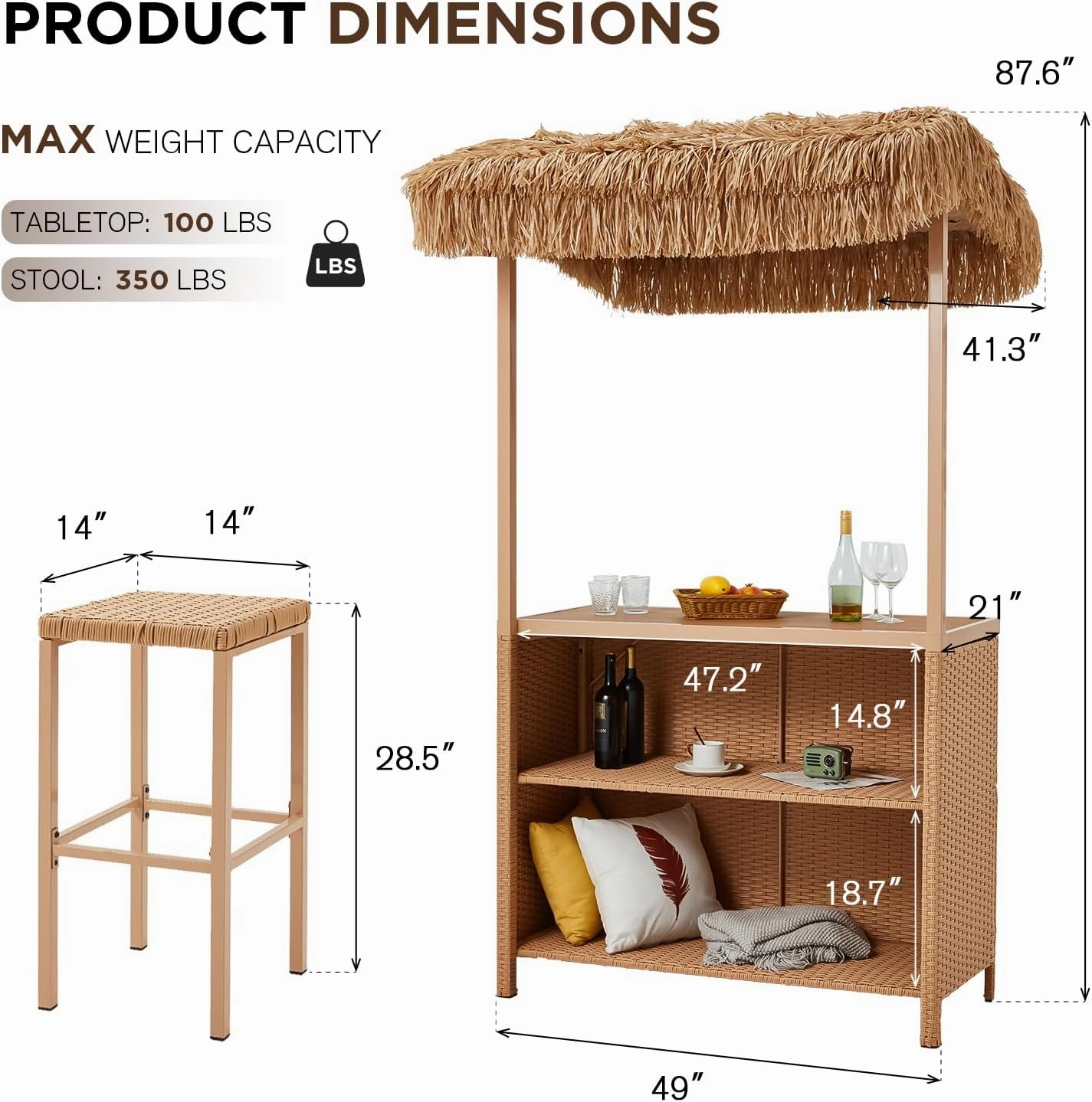 Homrest 3 Pcs Outdoor Tiki Bar Set w/2 Height Stools, Storage Shelf, Canopy, Beige