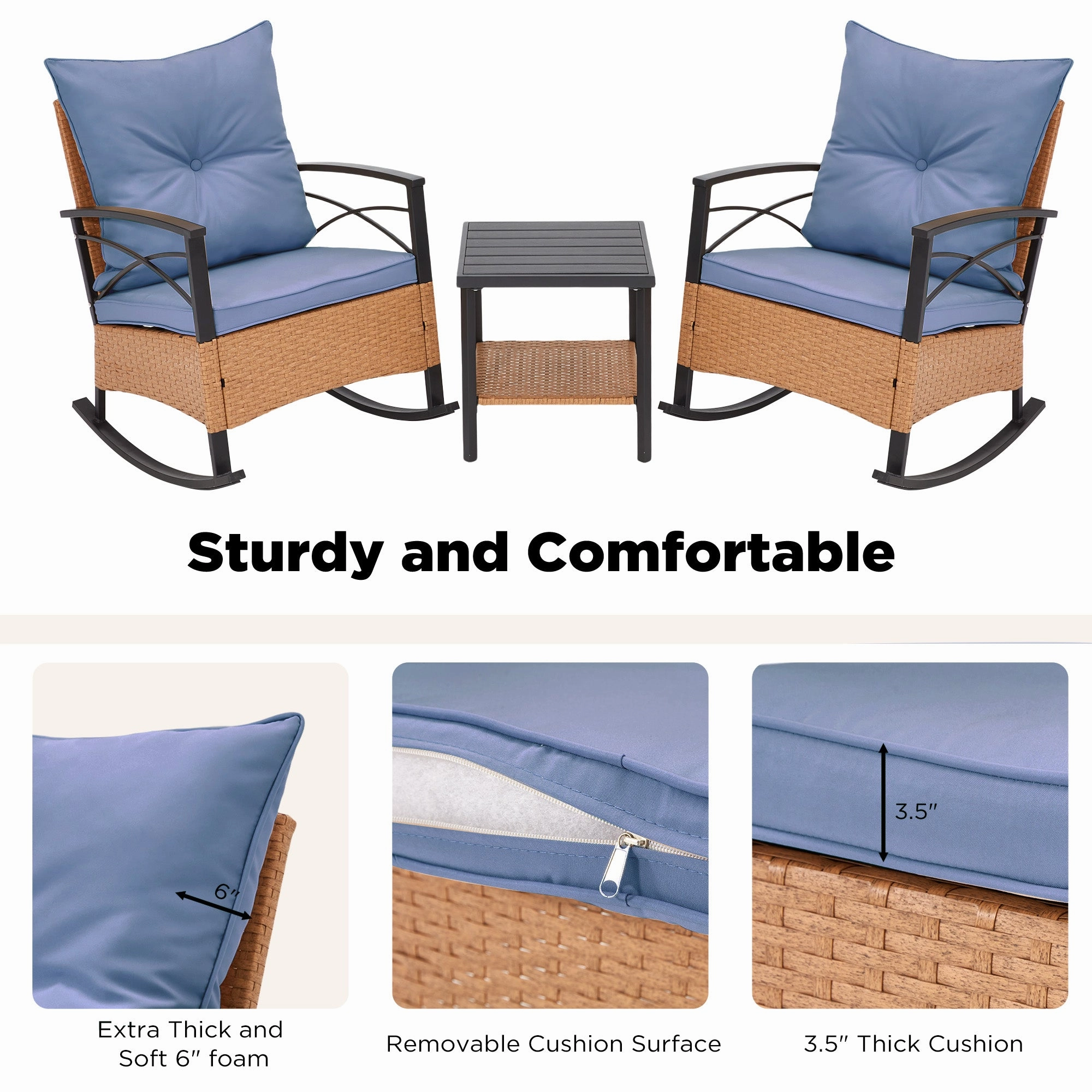 HOMREST 3-Piece Bistro Set: Outdoor Rattan Rocking Chairs with Cushions and Coffee Table