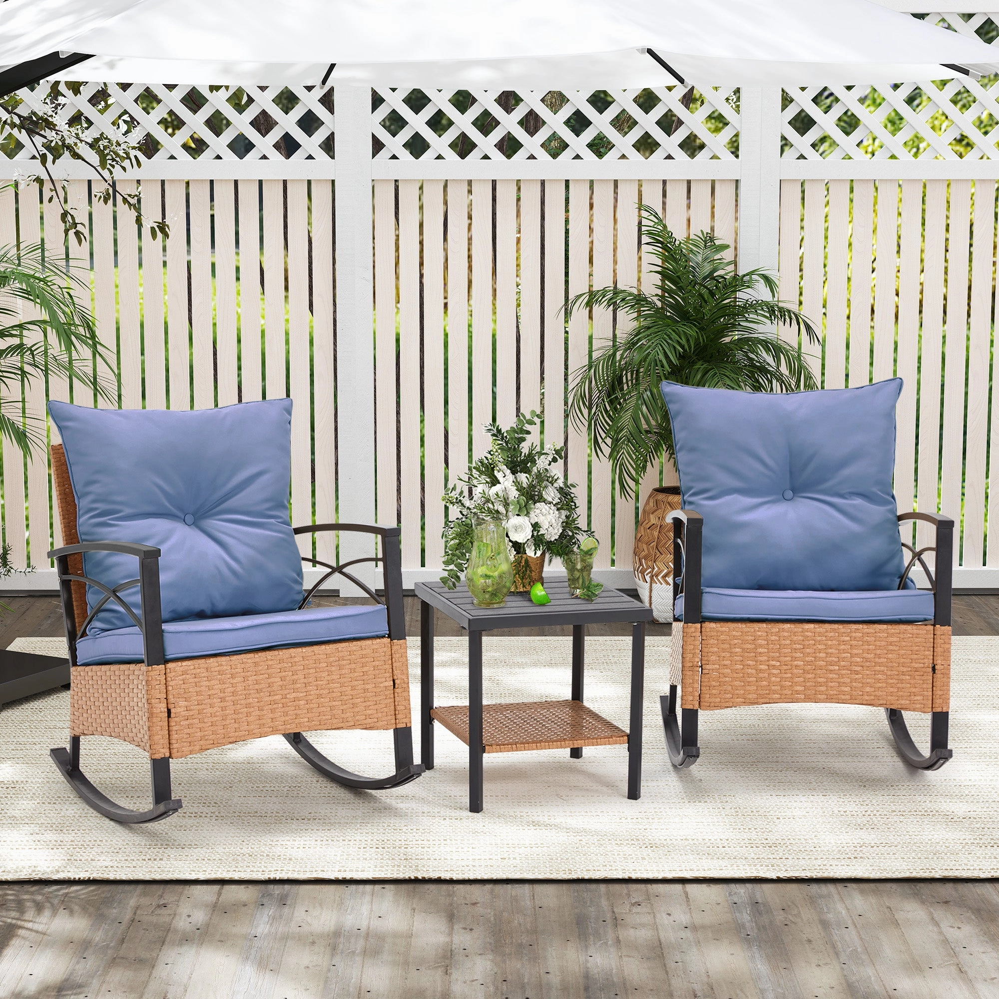 HOMREST 3-Piece Bistro Set: Outdoor Rattan Rocking Chairs with Cushions and Coffee Table