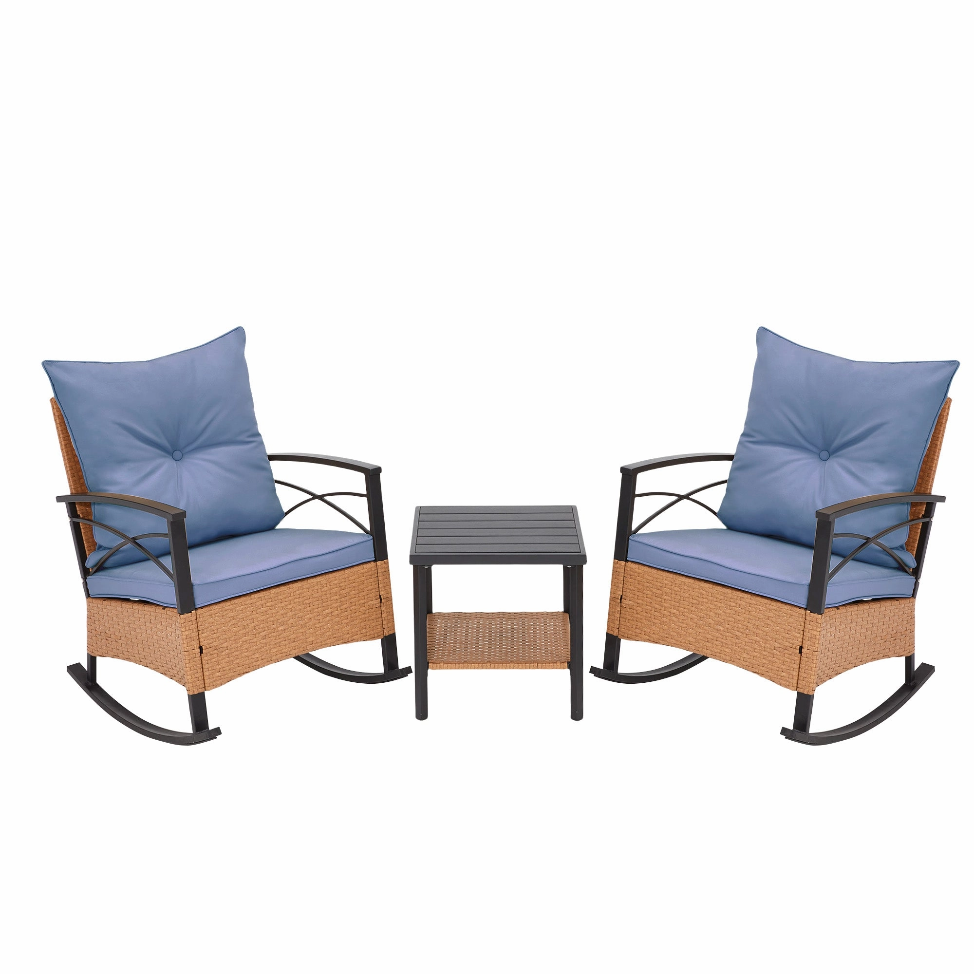 HOMREST 3-Piece Bistro Set: Outdoor Rattan Rocking Chairs with Cushions and Coffee Table