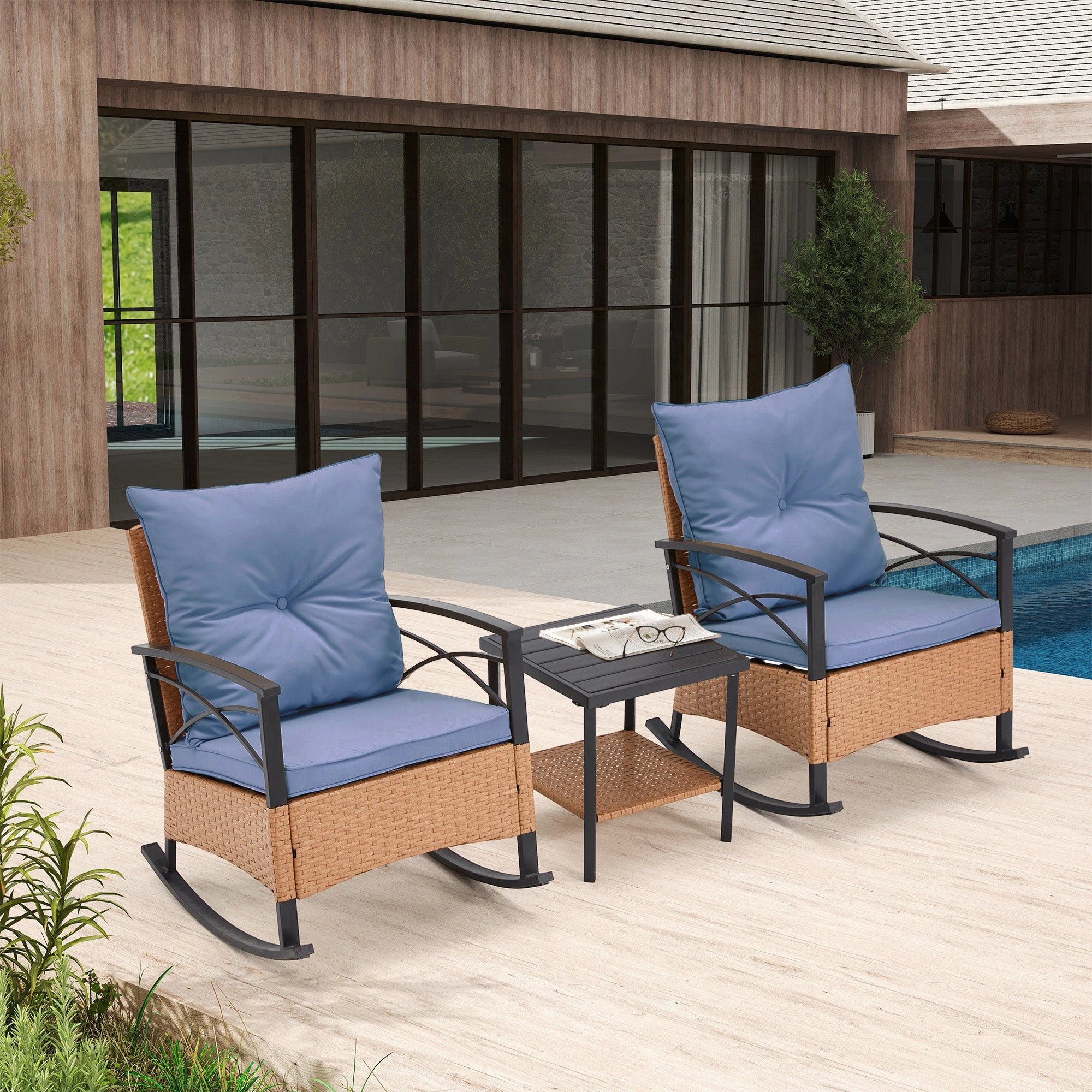 HOMREST 3-Piece Bistro Set: Outdoor Rattan Rocking Chairs with Cushions and Coffee Table