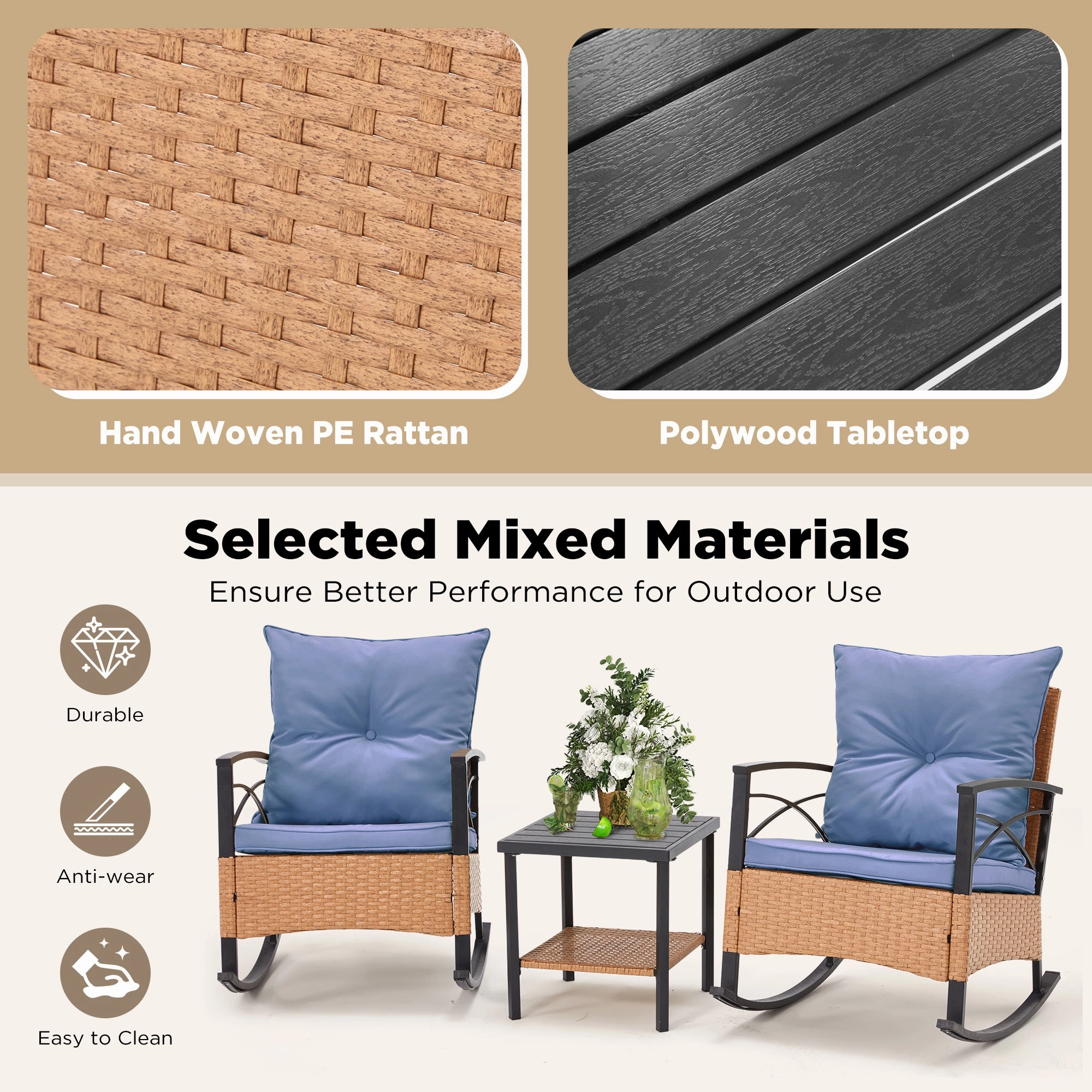 HOMREST 3-Piece Bistro Set: Outdoor Rattan Rocking Chairs with Cushions and Coffee Table
