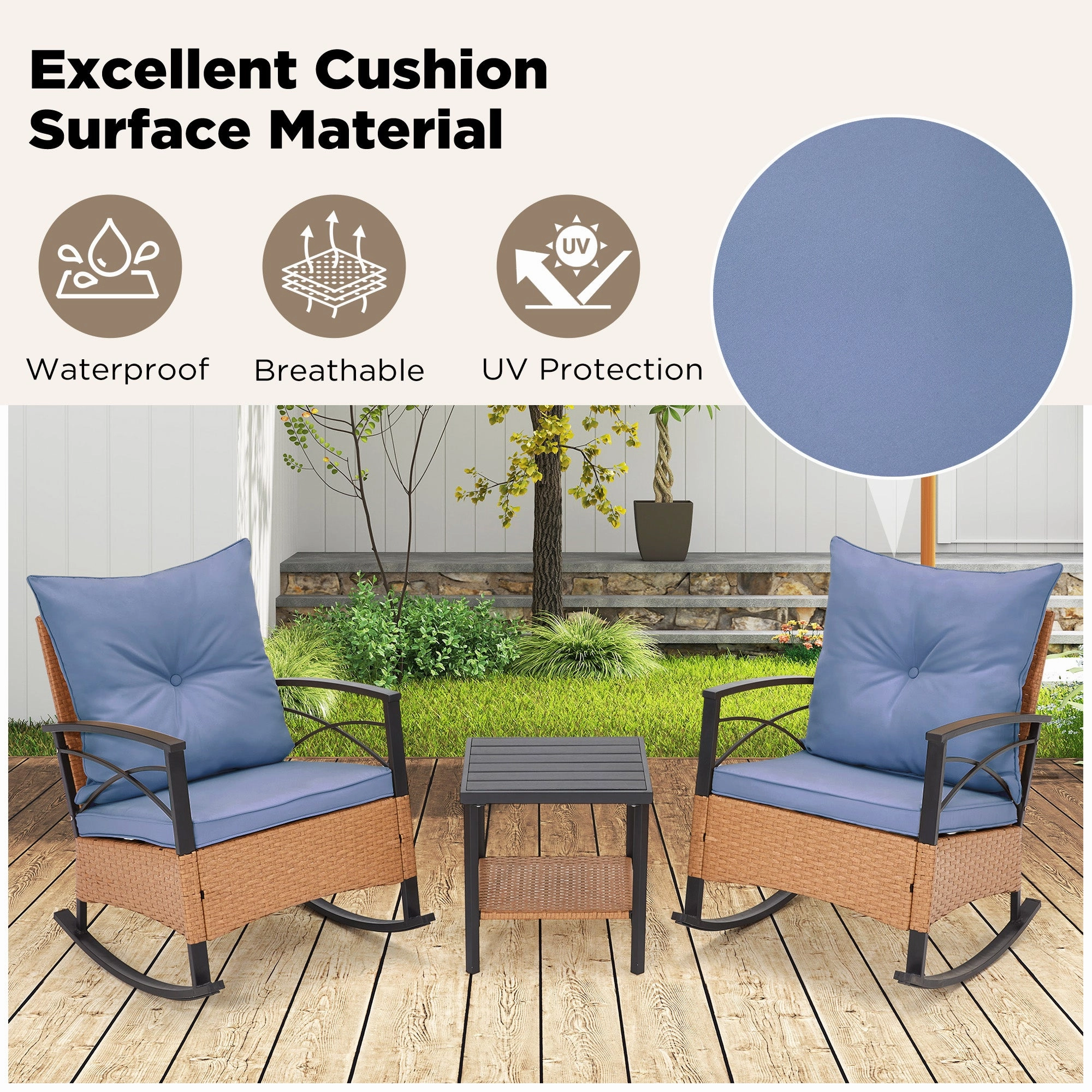 HOMREST 3-Piece Bistro Set: Outdoor Rattan Rocking Chairs with Cushions and Coffee Table