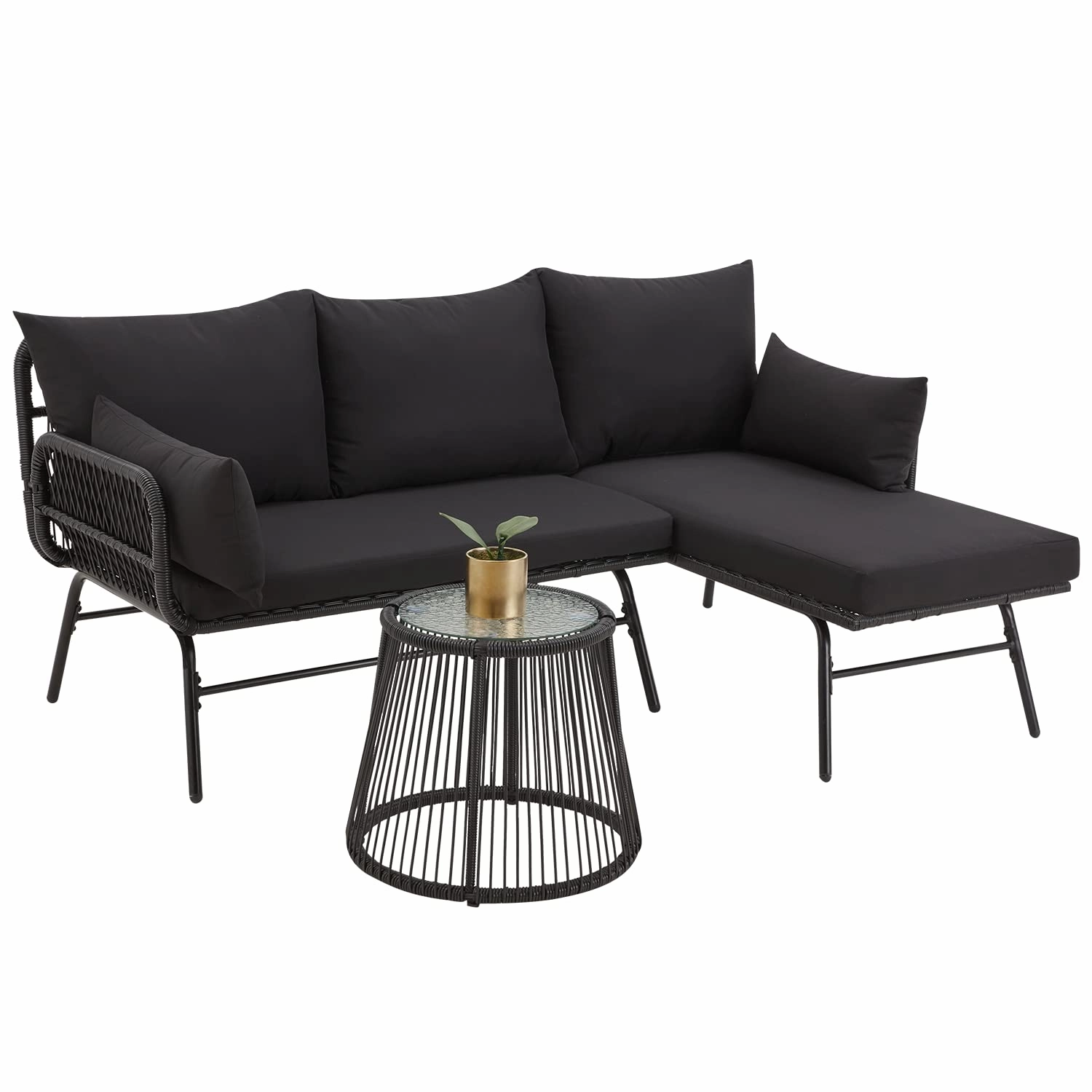 HOMREST 3-Piece L-Shaped Patio Sofa Set with Cushions & Glass Coffee Table, Black