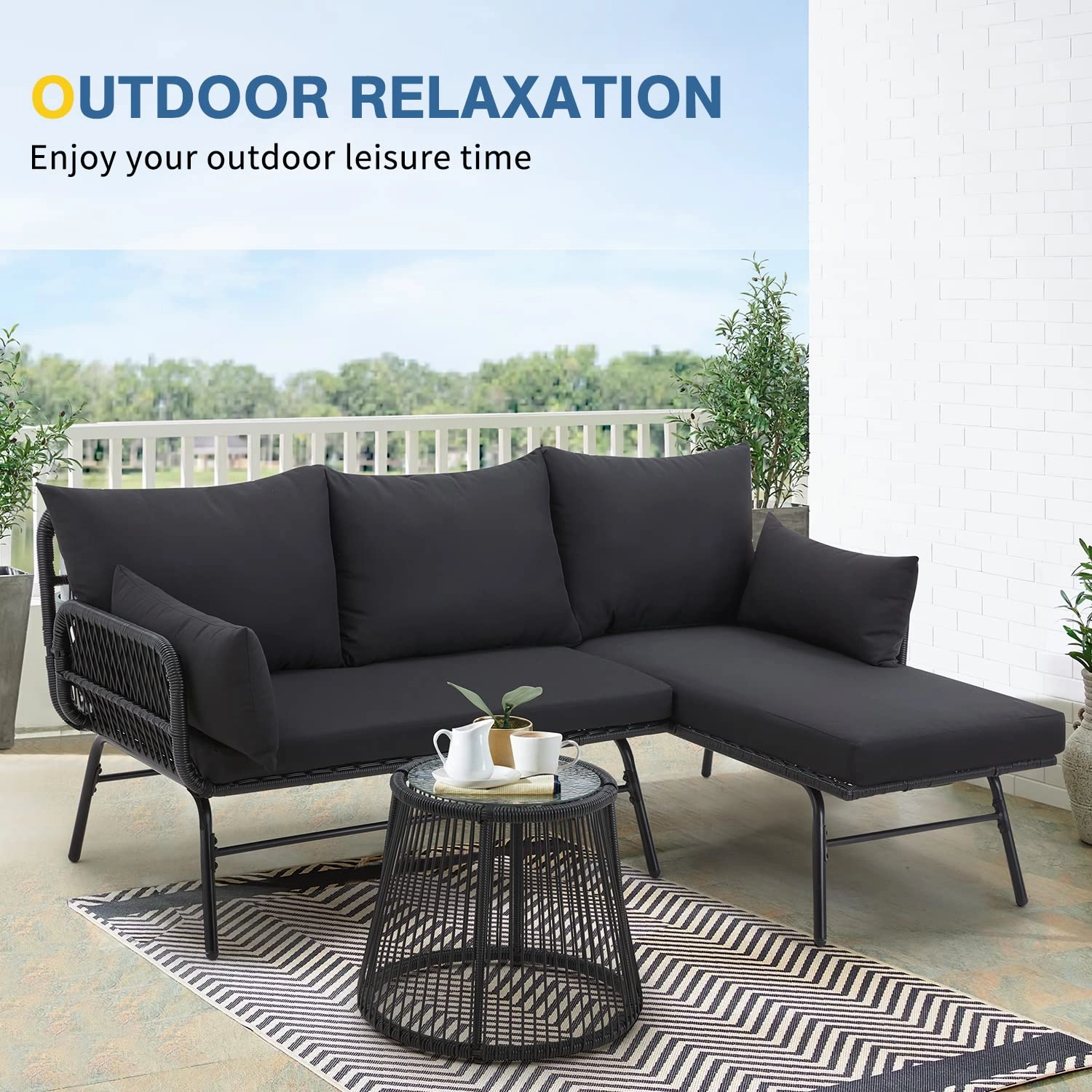 HOMREST 3-Piece L-Shaped Patio Sofa Set with Cushions & Glass Coffee Table, Black