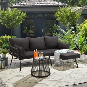 HOMREST 3-Piece L-Shaped Patio Sofa Set with Cushions & Glass Coffee Table, Blackoutdoor patio furniture set