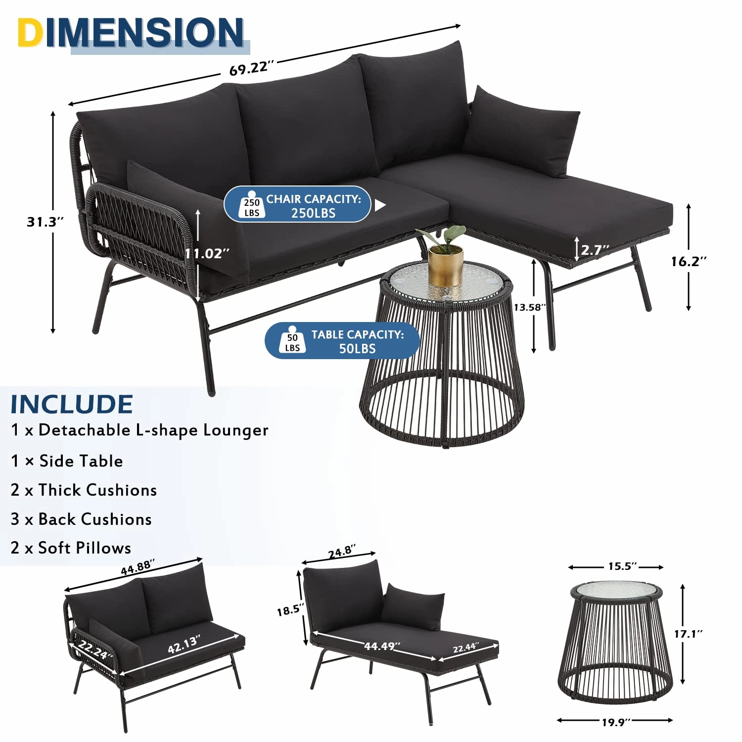 HOMREST 3-Piece L-Shaped Patio Sofa Set with Cushions & Glass Coffee Table, Black