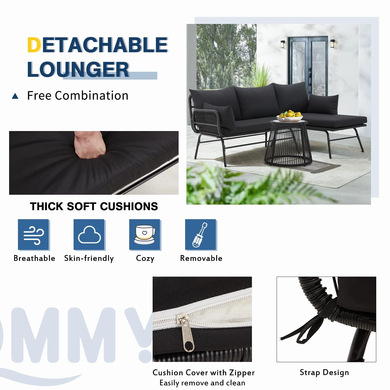 HOMREST 3-Piece L-Shaped Patio Sofa Set with Cushions & Glass Coffee Table, Black