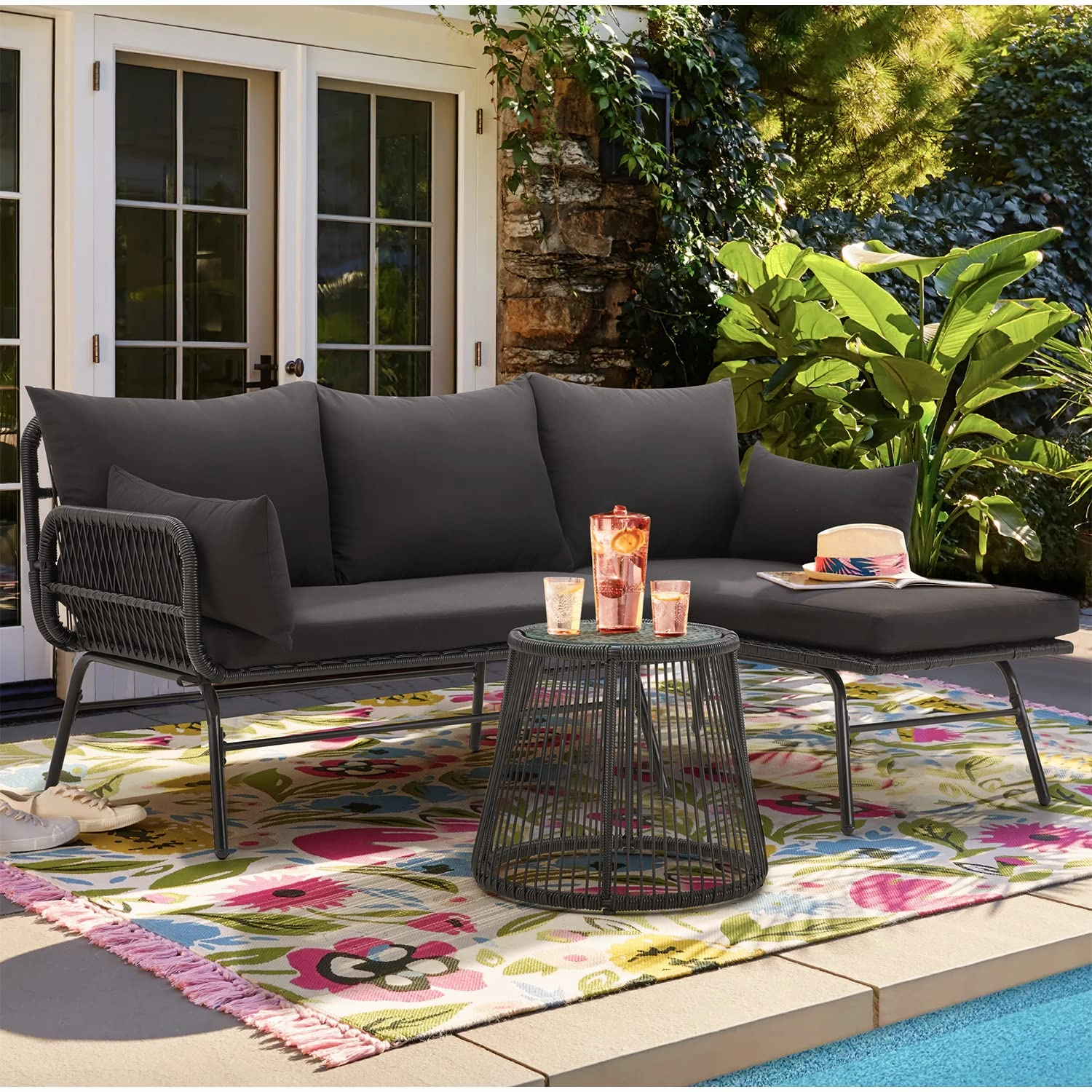 HOMREST 3-Piece L-Shaped Patio Sofa Set with Cushions & Glass Coffee Table, Black