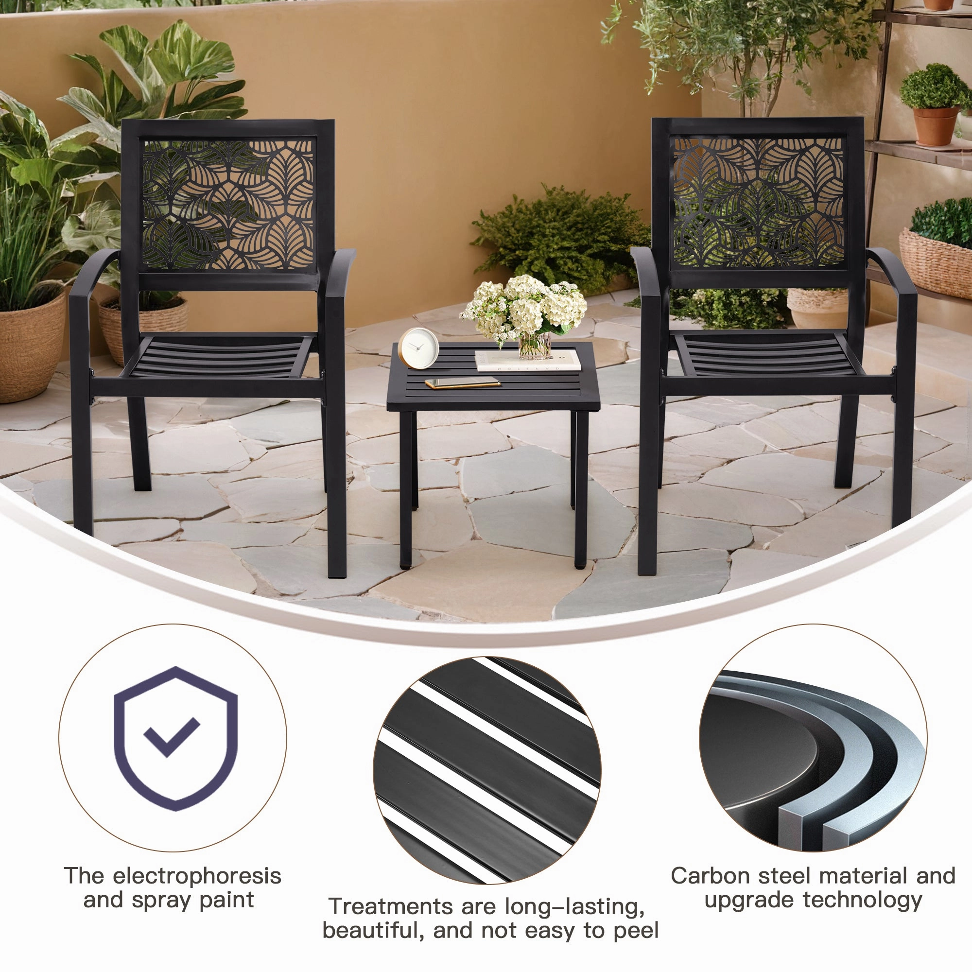 HOMREST 3-Piece Outdoor Bistro Set  Metal Chairs & Table, Black
