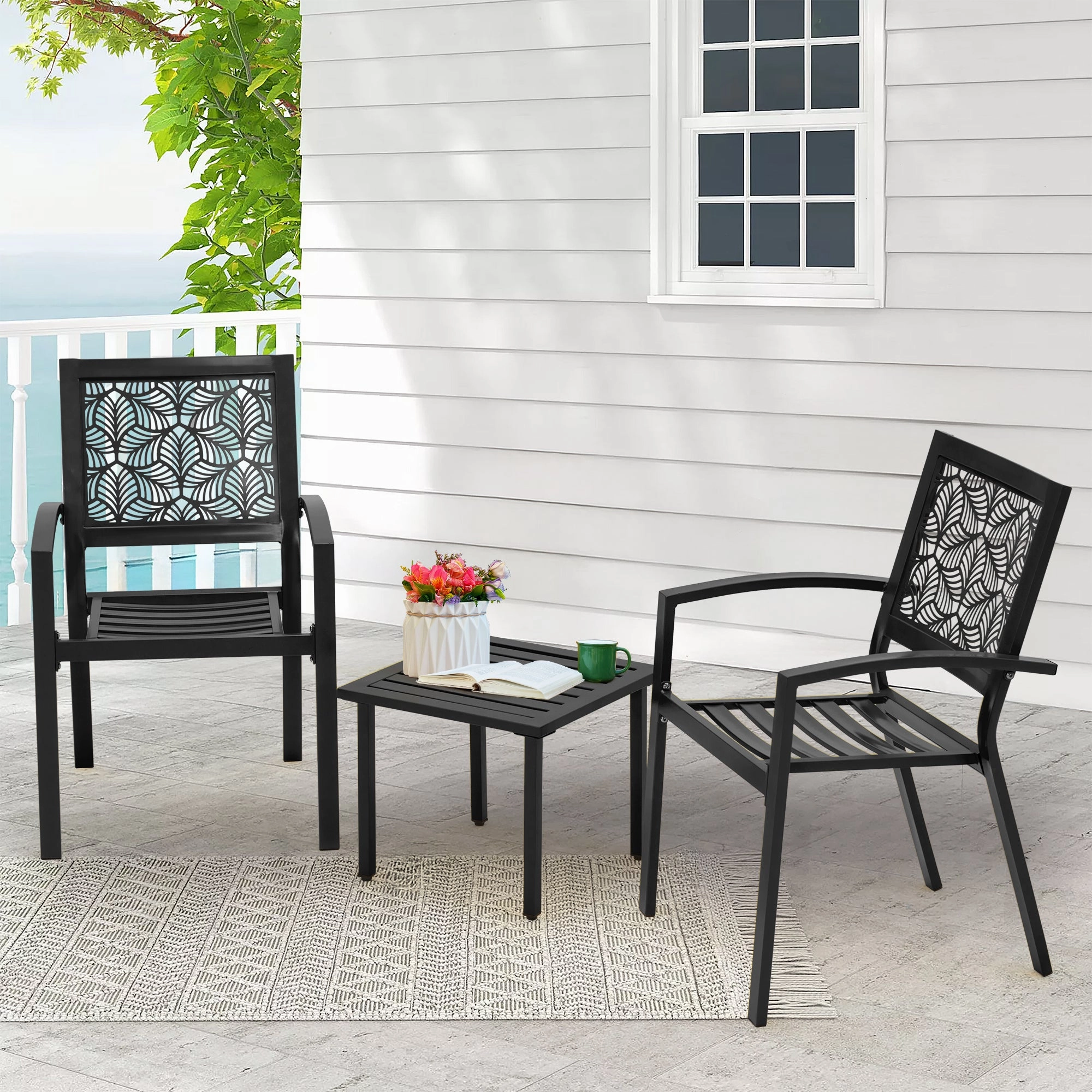 HOMREST 3-Piece Outdoor Bistro Set  Metal Chairs & Table, Black