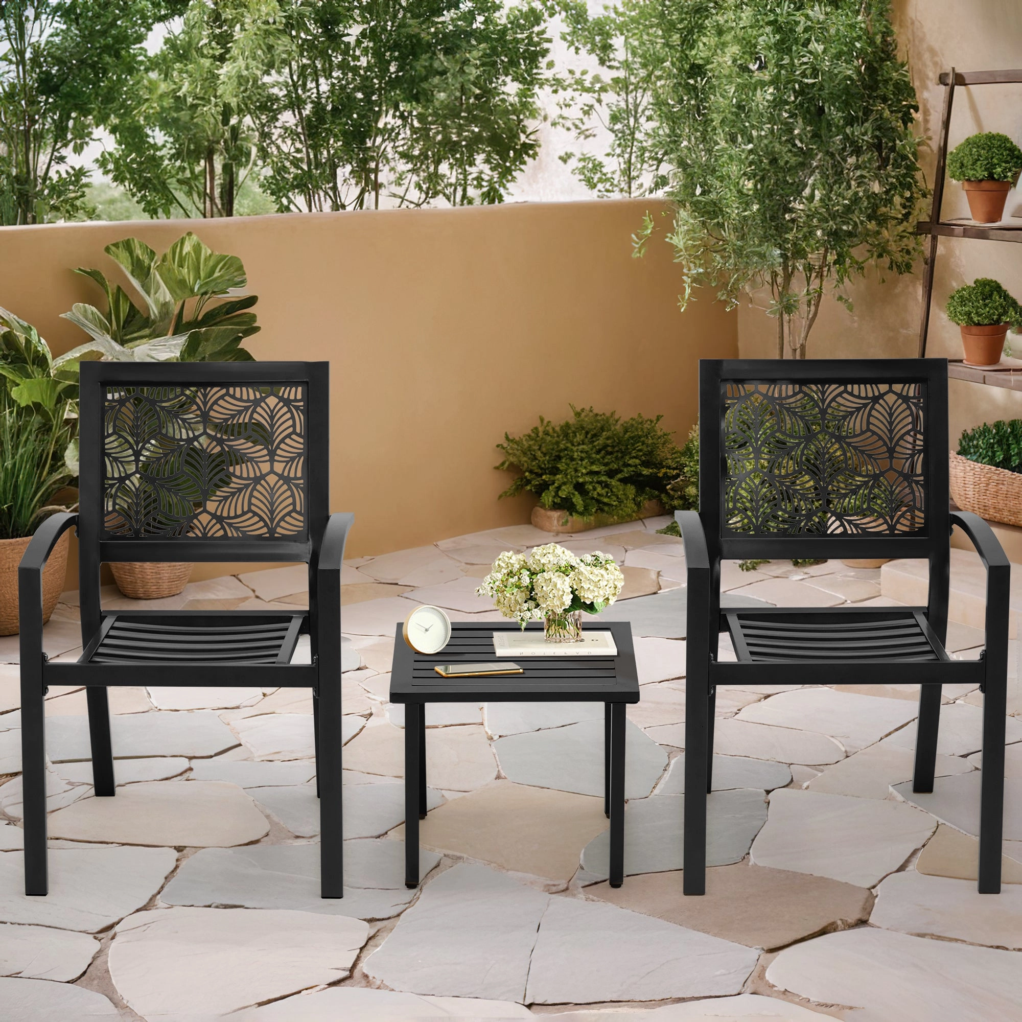 HOMREST 3-Piece Outdoor Bistro Set  Metal Chairs & Table, Black