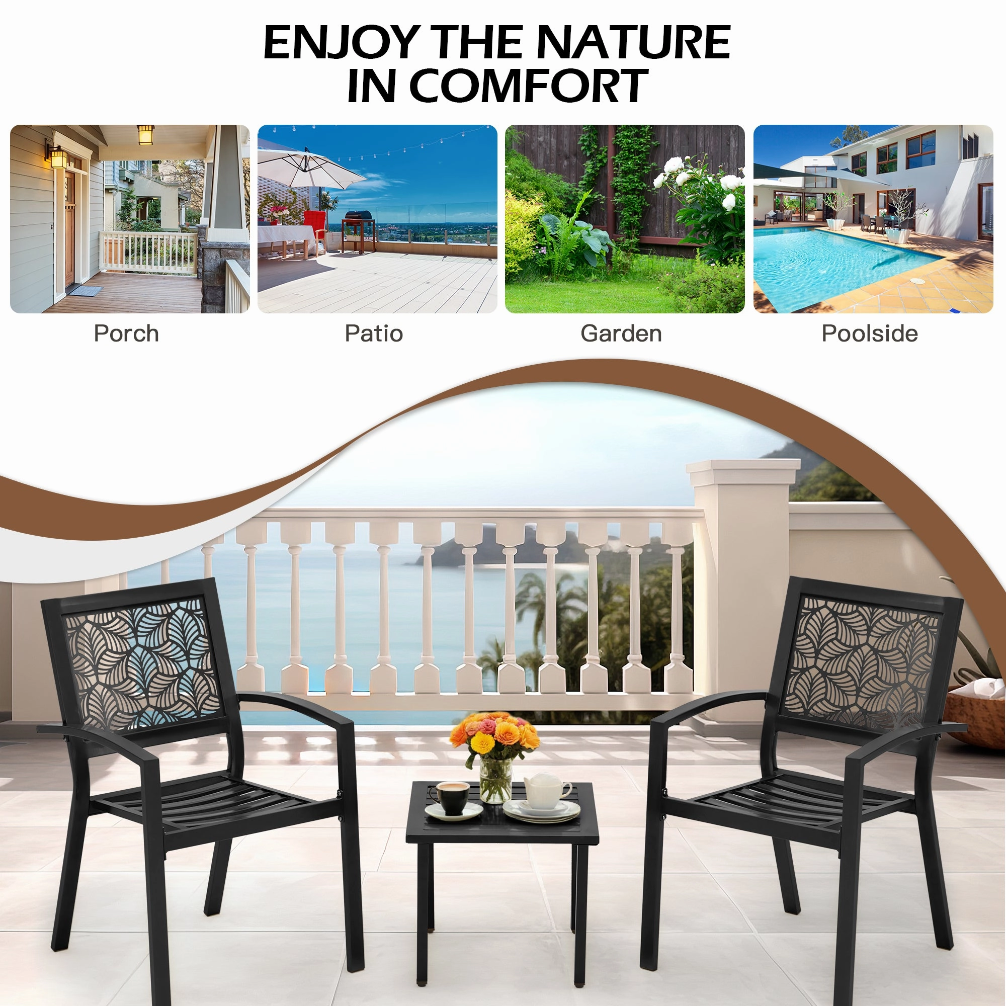 HOMREST 3-Piece Outdoor Bistro Set  Metal Chairs & Table, Black