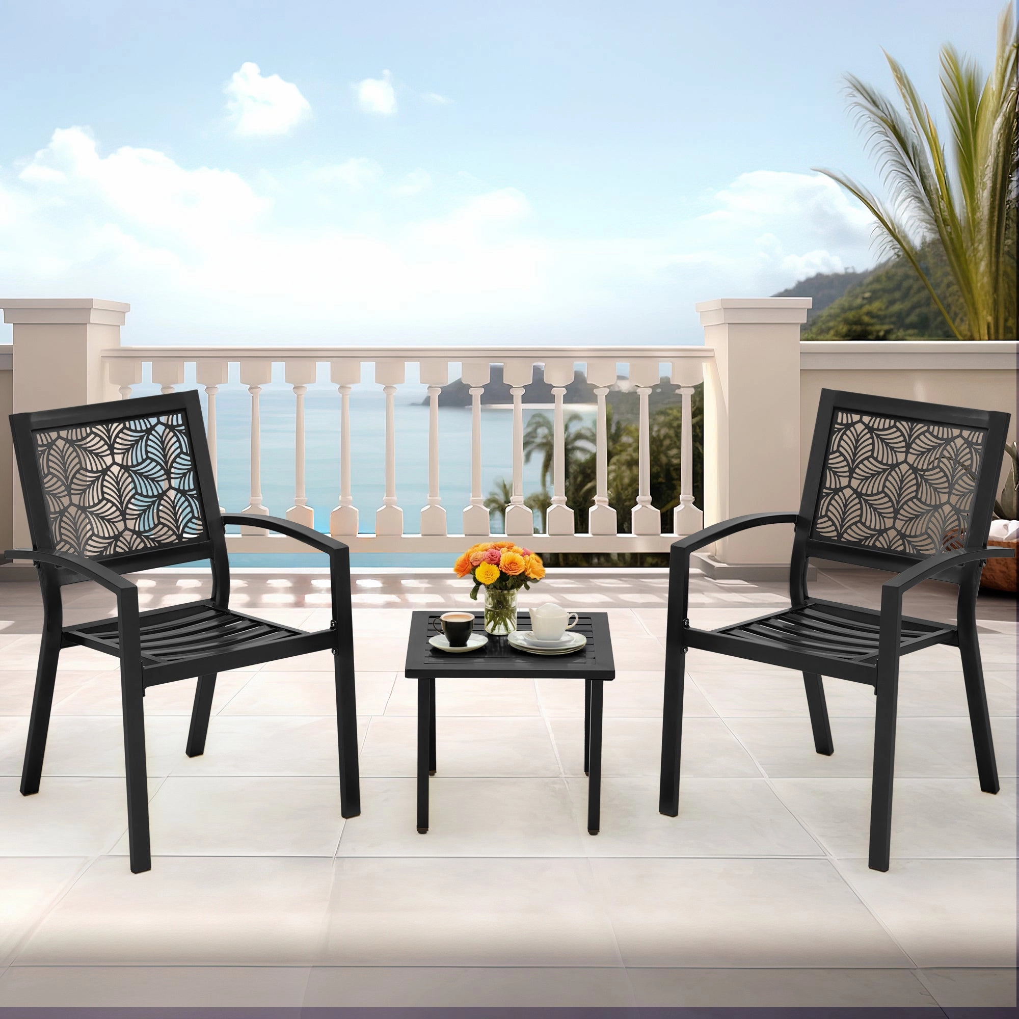 HOMREST 3-Piece Outdoor Bistro Set  Metal Chairs & Table, Black