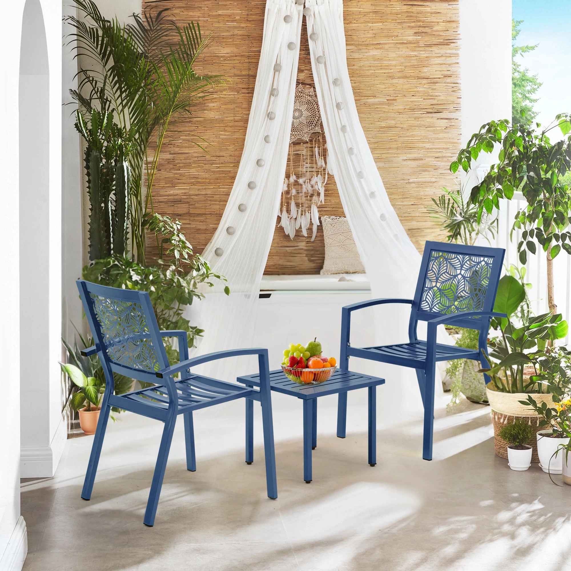 HOMREST 3-Piece Outdoor Bistro Set  Metal Chairs & Table, Floral Back Design, Peacock Blue