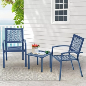 HOMREST 3-Piece Outdoor Bistro Set  Metal Chairs & Table, Floral Back Design, Peacock Blueoutdoor patio furniture set
