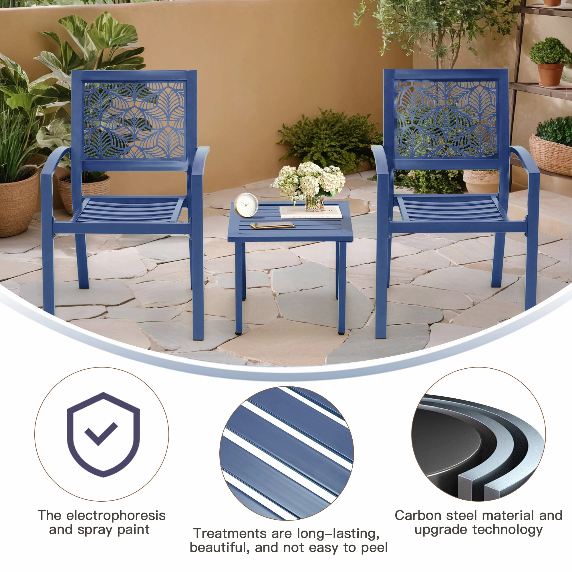 HOMREST 3-Piece Outdoor Bistro Set  Metal Chairs & Table, Floral Back Design, Peacock Blue