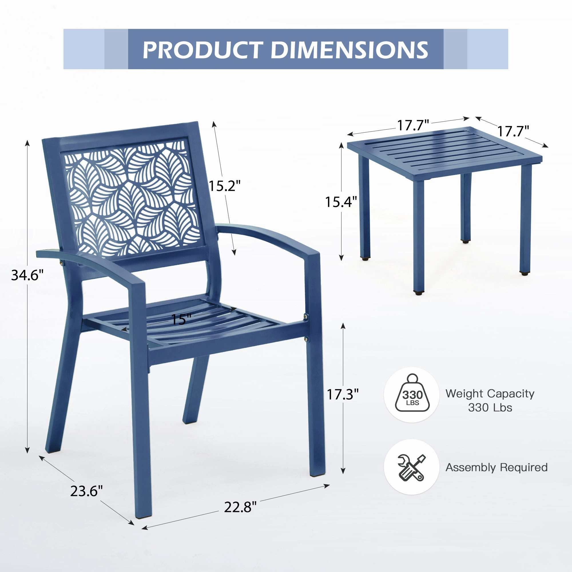 HOMREST 3-Piece Outdoor Bistro Set  Metal Chairs & Table, Floral Back Design, Peacock Blue