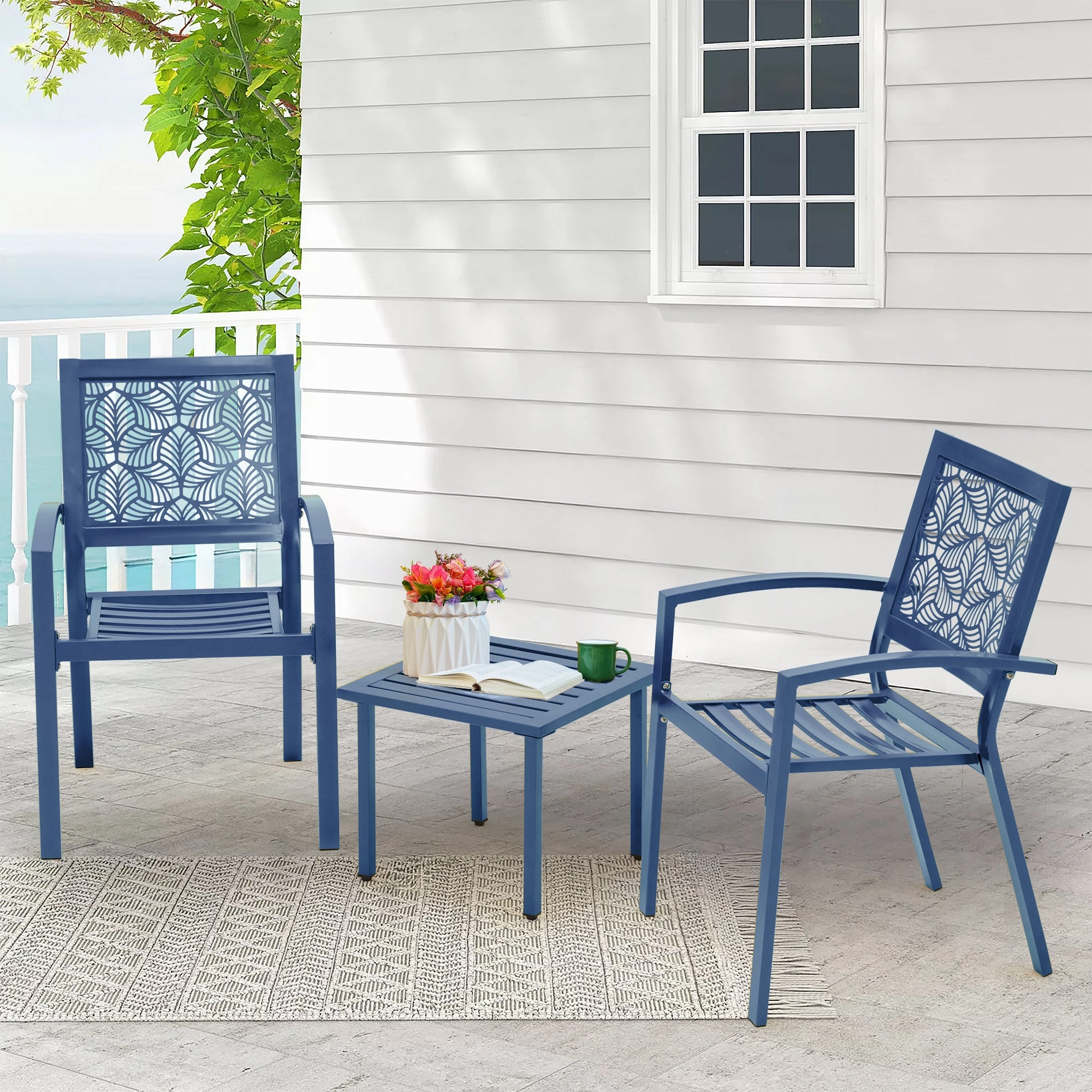 HOMREST 3-Piece Outdoor Bistro Set  Metal Chairs & Table, Floral Back Design, Peacock Blueoutdoor patio furniture set