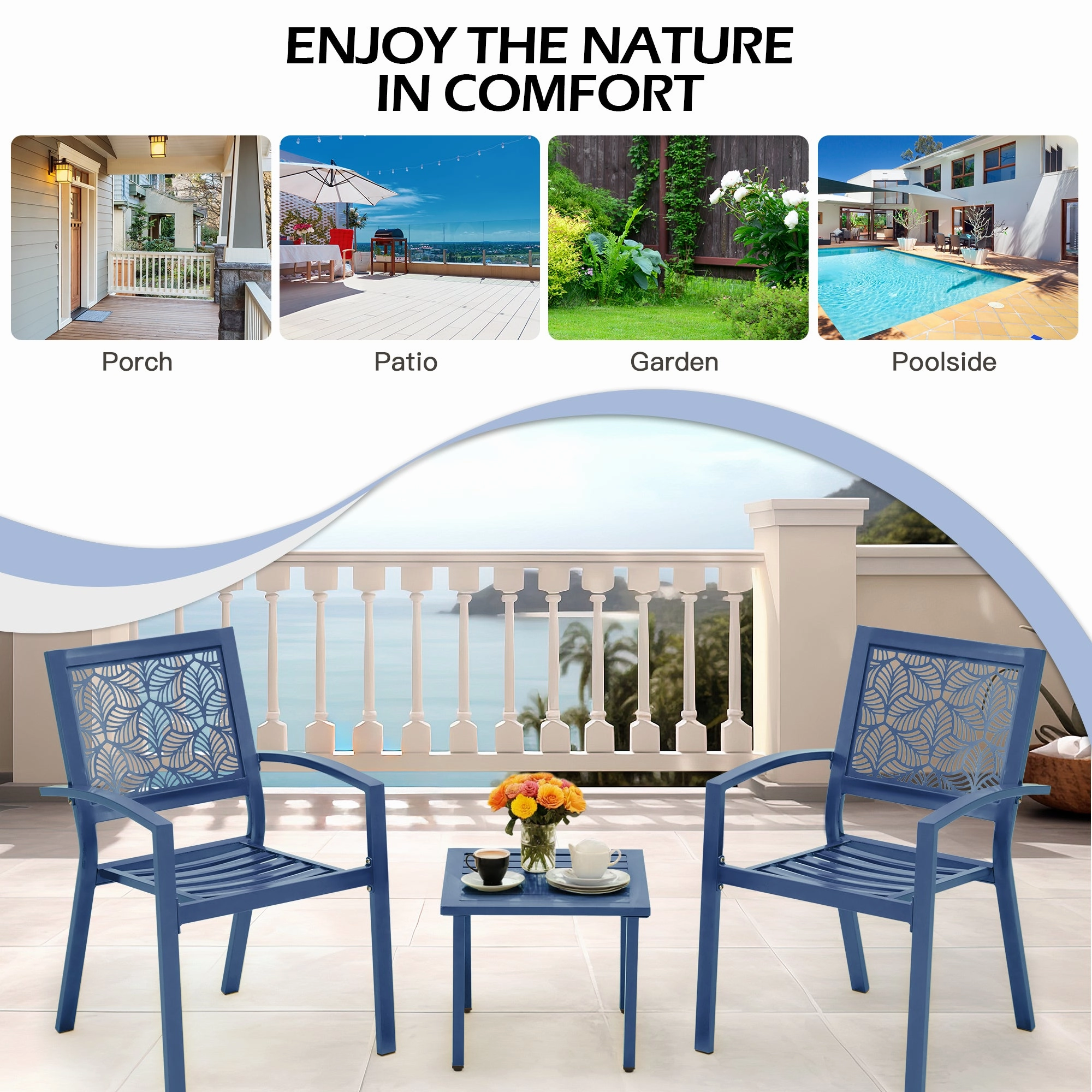 HOMREST 3-Piece Outdoor Bistro Set  Metal Chairs & Table, Floral Back Design, Peacock Blue