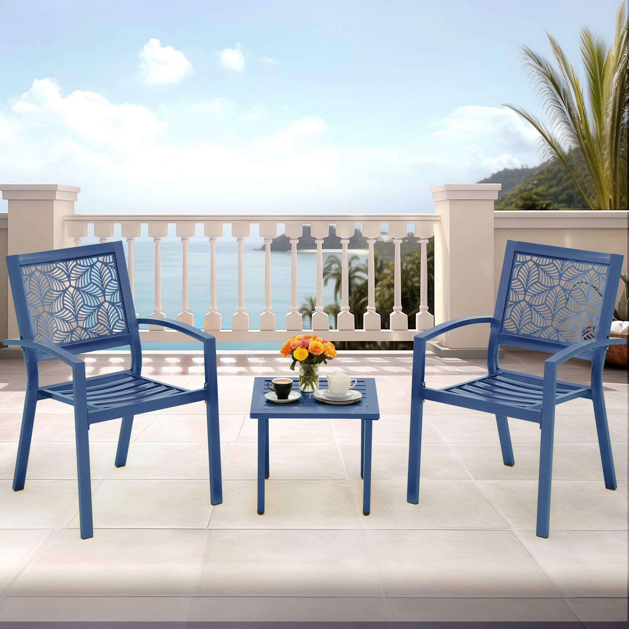 HOMREST 3-Piece Outdoor Bistro Set  Metal Chairs & Table, Floral Back Design, Peacock Blue