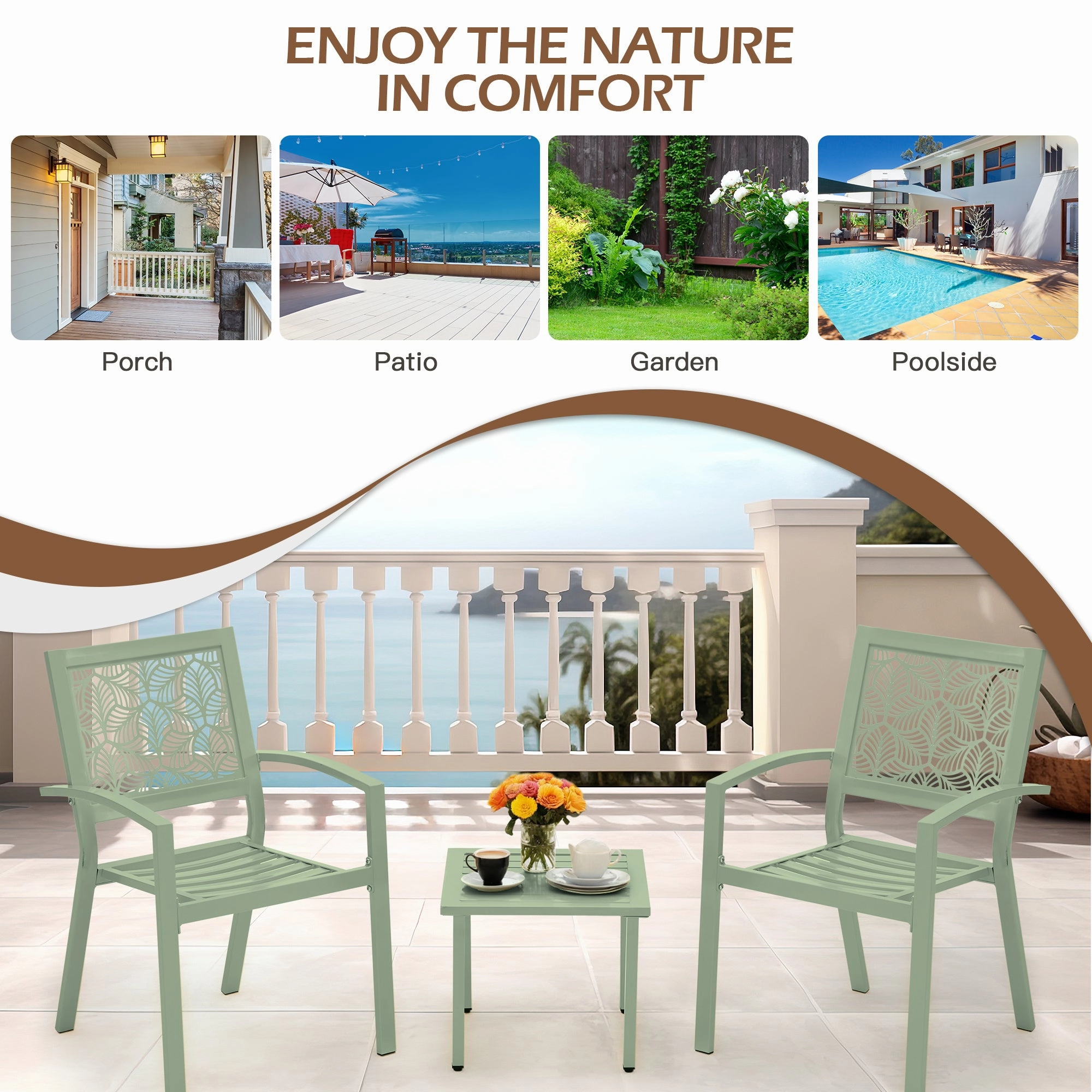 HOMREST 3-Piece Outdoor Bistro Set  Metal Chairs & Table, Sage Green