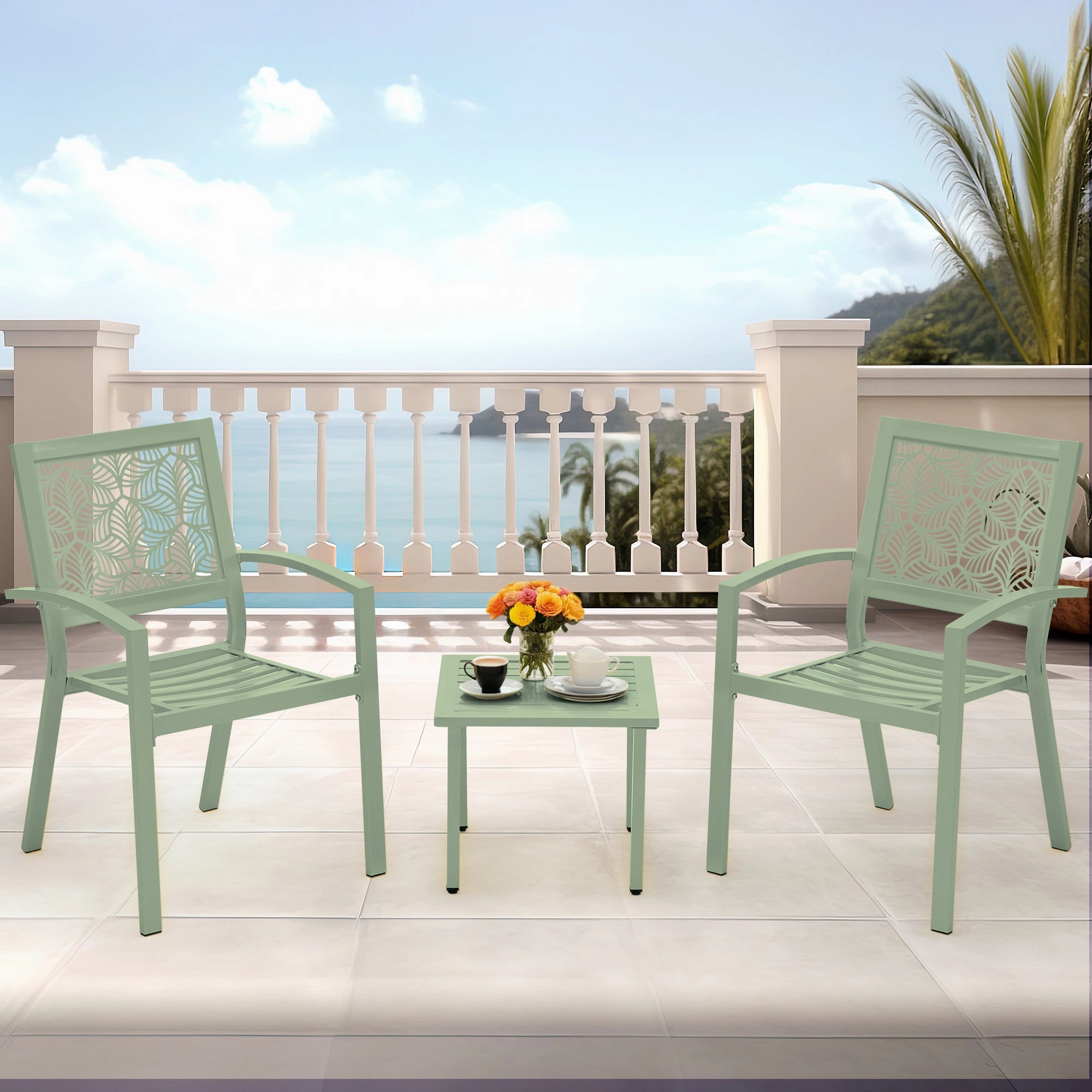 HOMREST 3-Piece Outdoor Bistro Set  Metal Chairs & Table, Sage Green