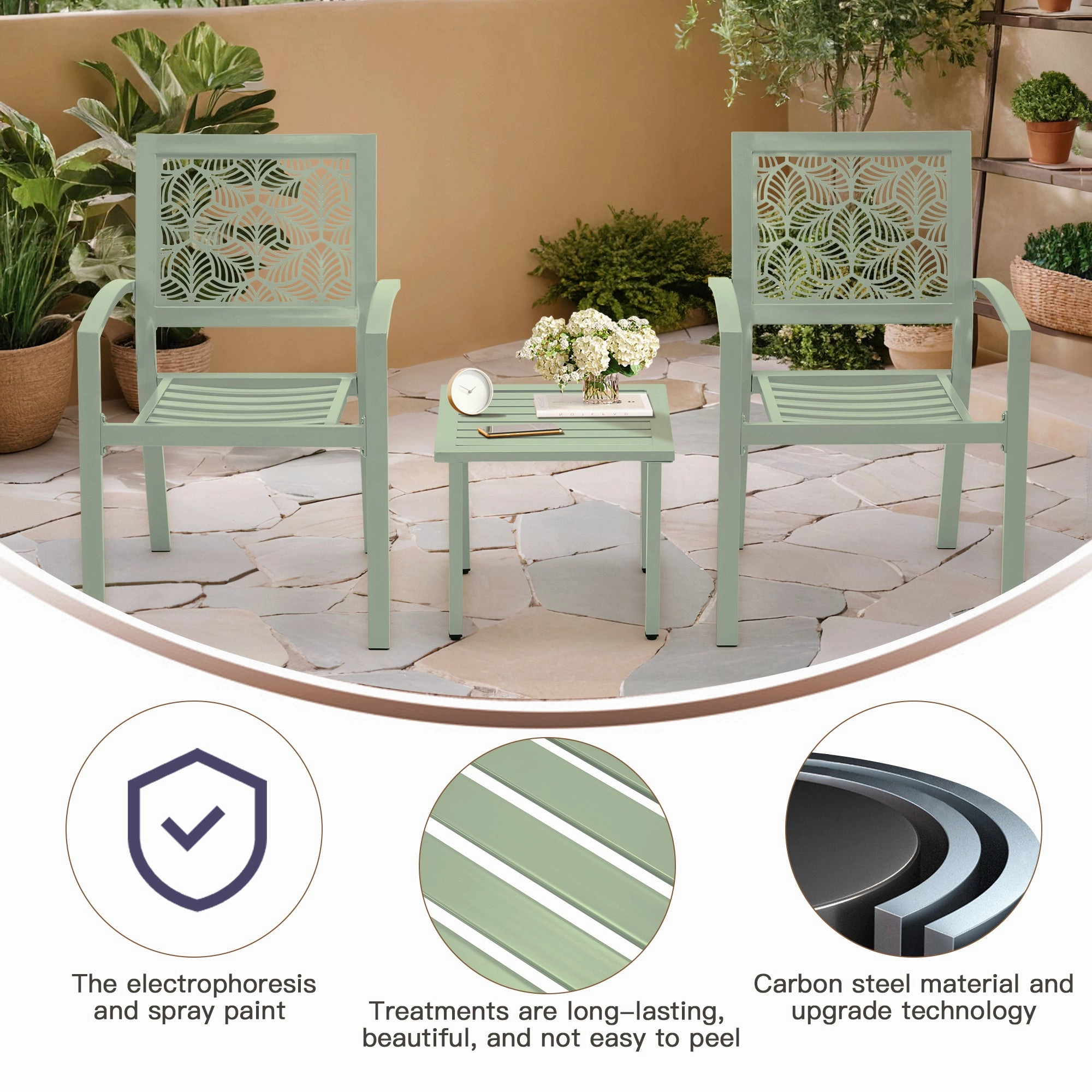 HOMREST 3-Piece Outdoor Bistro Set  Metal Chairs & Table, Sage Green