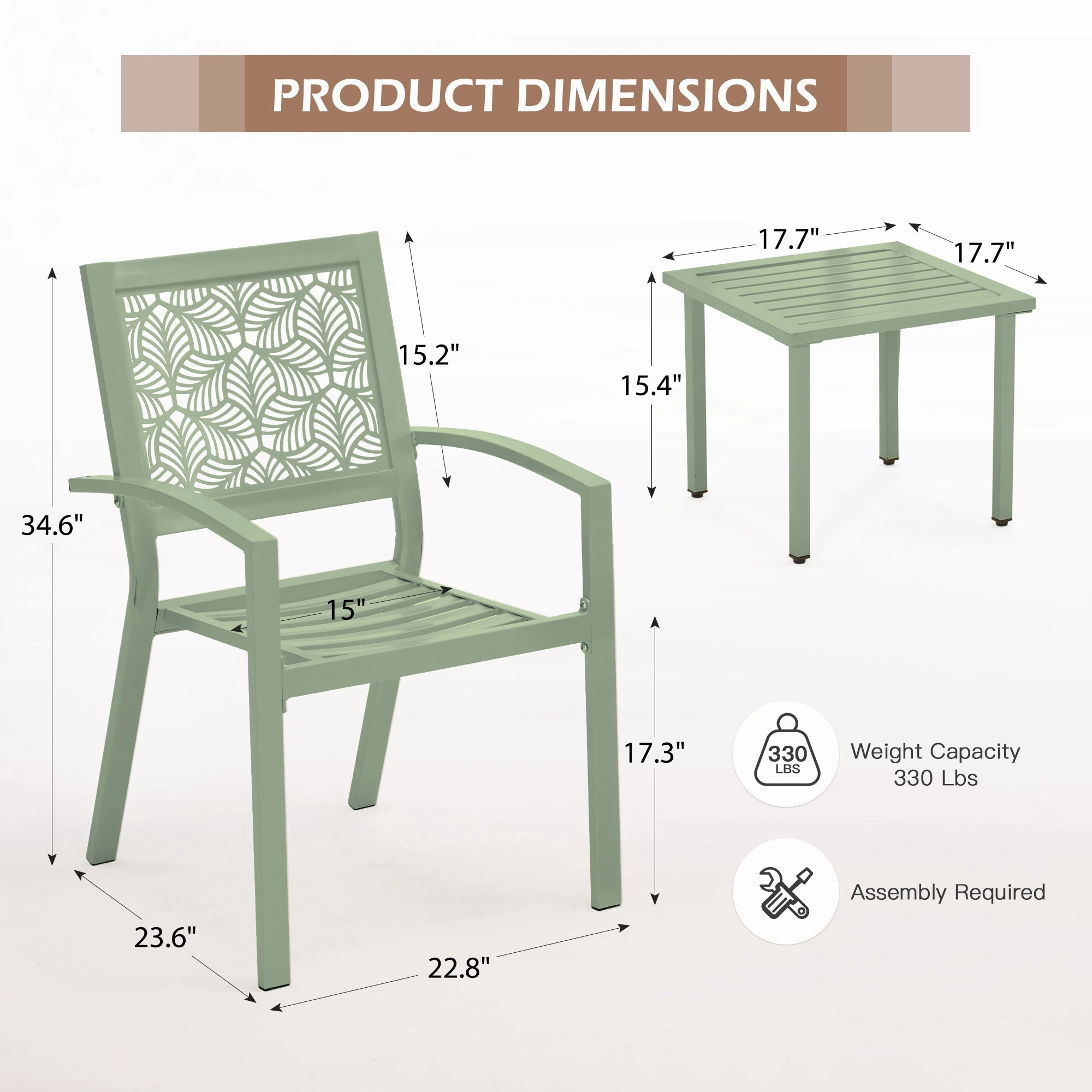 HOMREST 3-Piece Outdoor Bistro Set  Metal Chairs & Table, Sage Green
