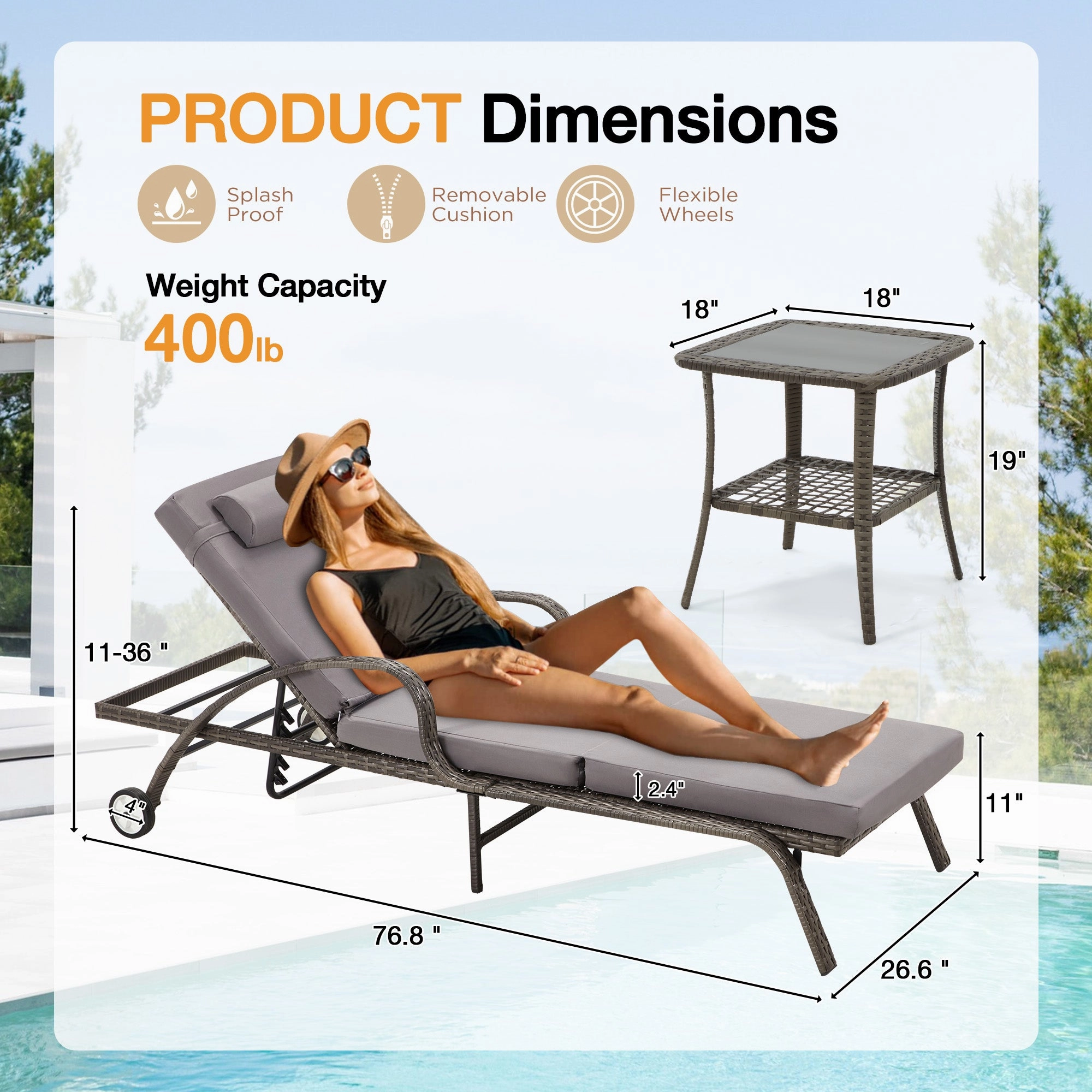 HOMREST 3-Piece Outdoor Chaise Lounge Set with Adjustable Chairs, Storage Table, Grey