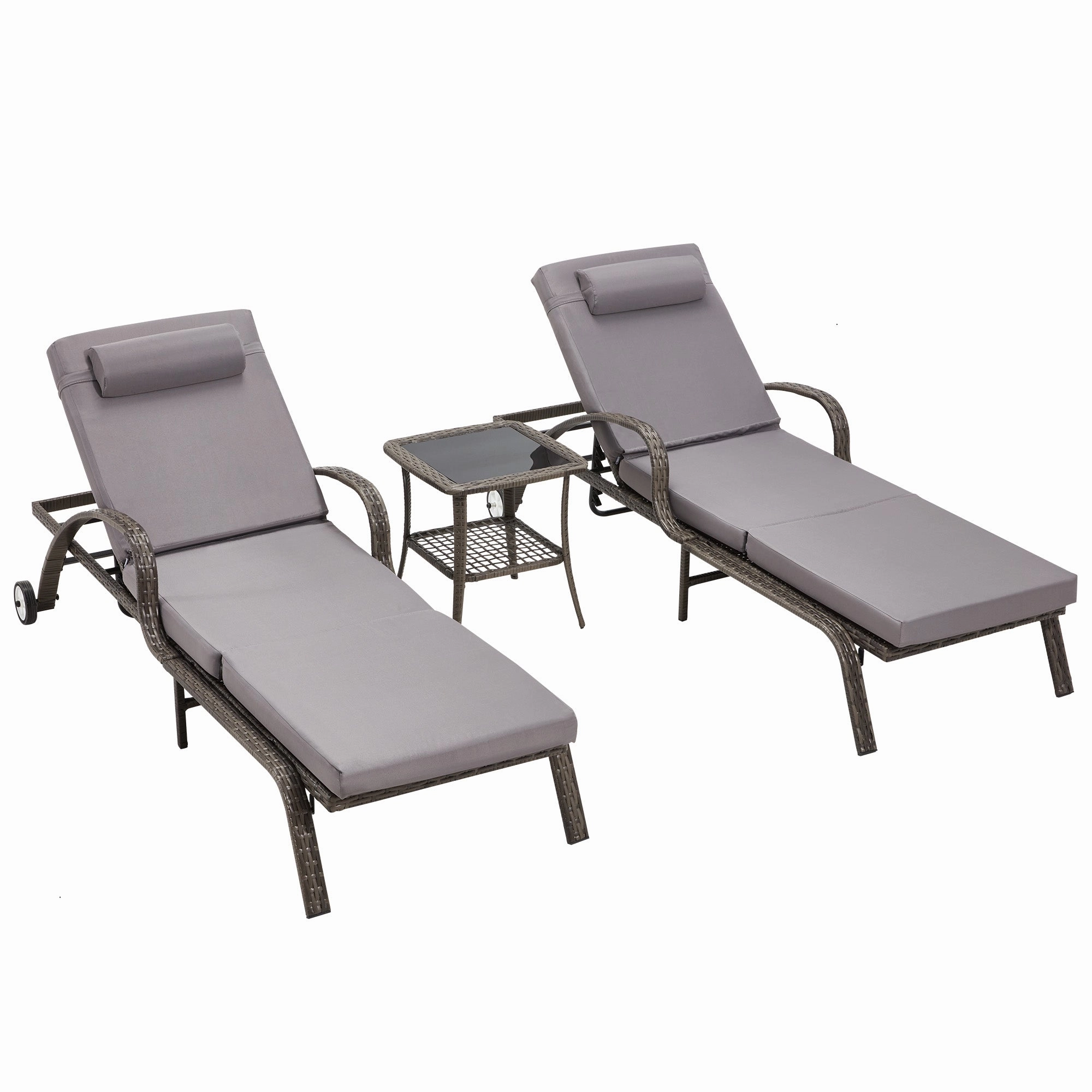 HOMREST 3-Piece Outdoor Chaise Lounge Set with Adjustable Chairs, Storage Table, Grey