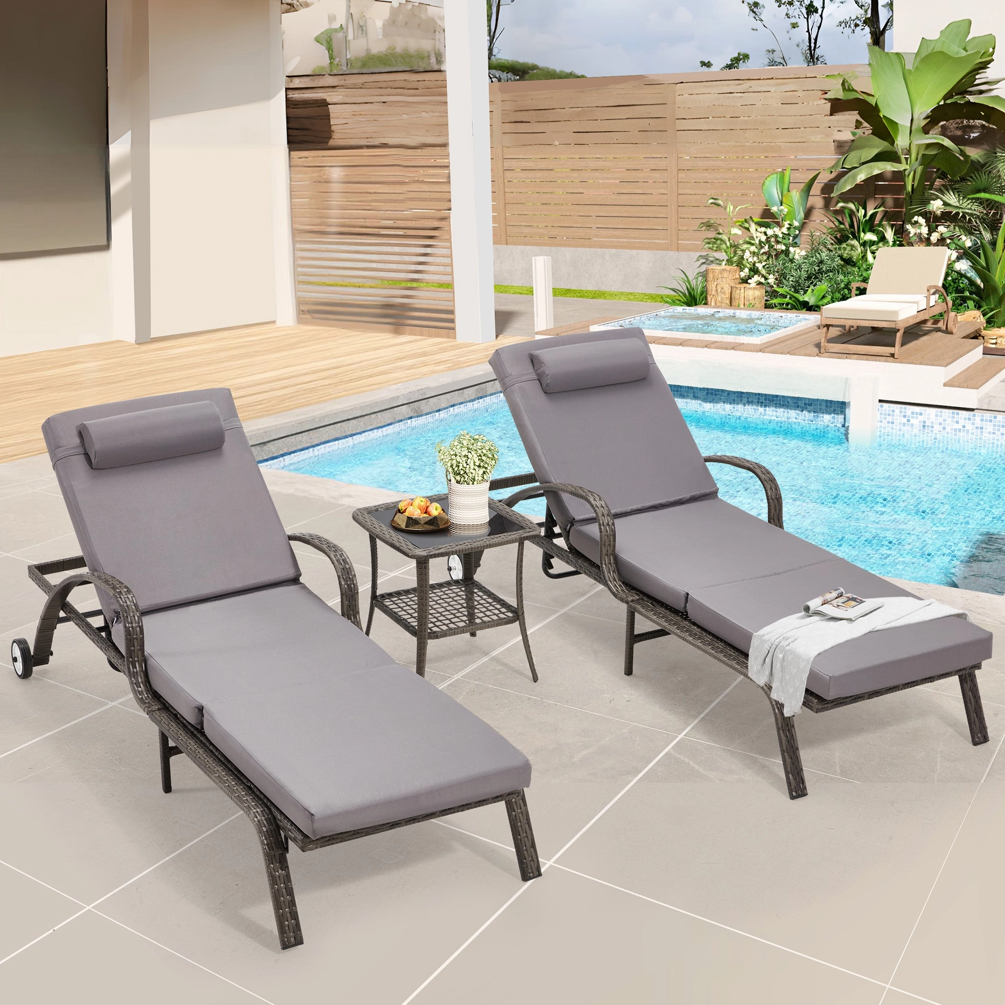HOMREST 3-Piece Outdoor Chaise Lounge Set with Adjustable Chairs, Storage Table, Grey