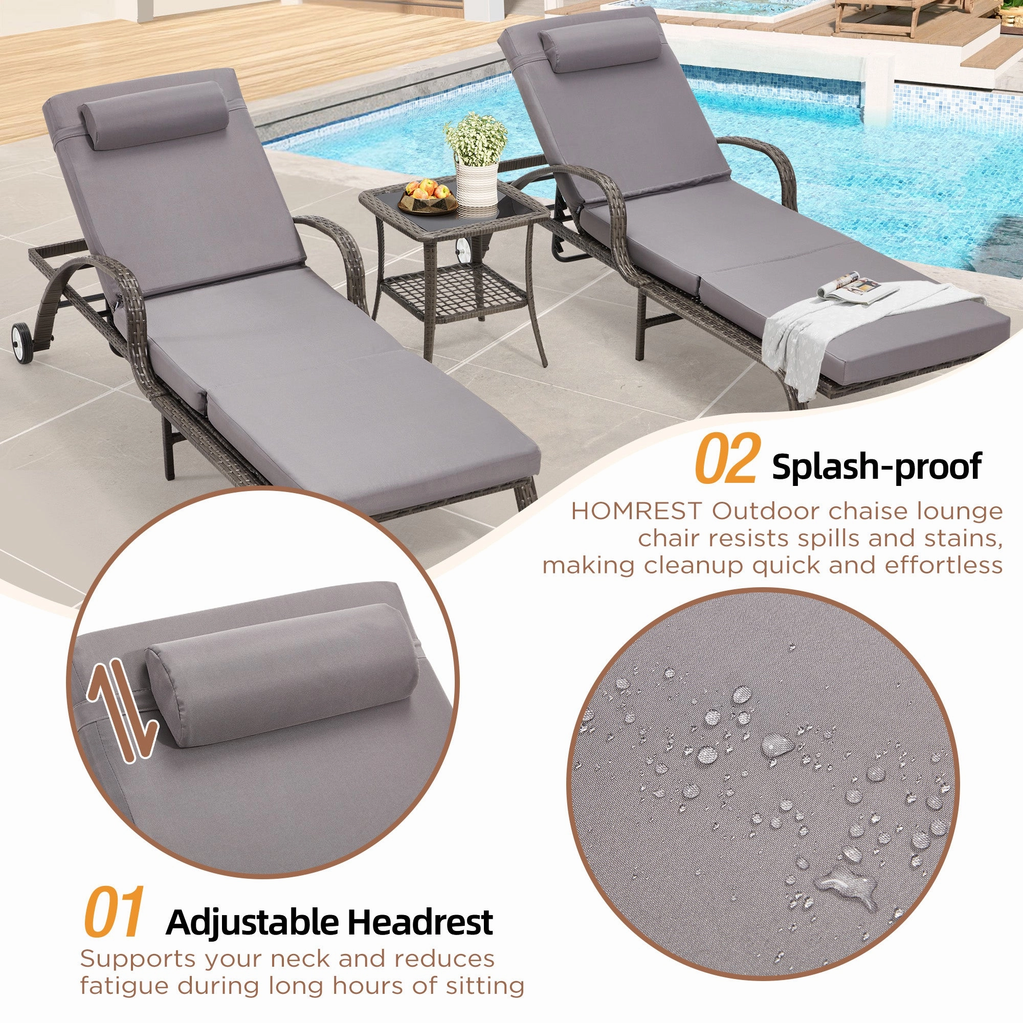 HOMREST 3-Piece Outdoor Chaise Lounge Set with Adjustable Chairs, Storage Table, Grey
