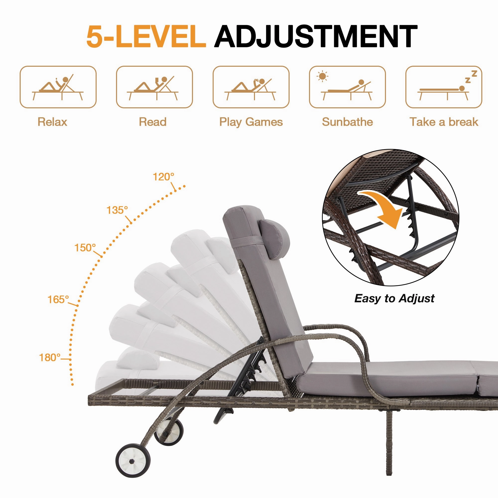 HOMREST 3-Piece Outdoor Chaise Lounge Set with Adjustable Chairs, Storage Table, Grey
