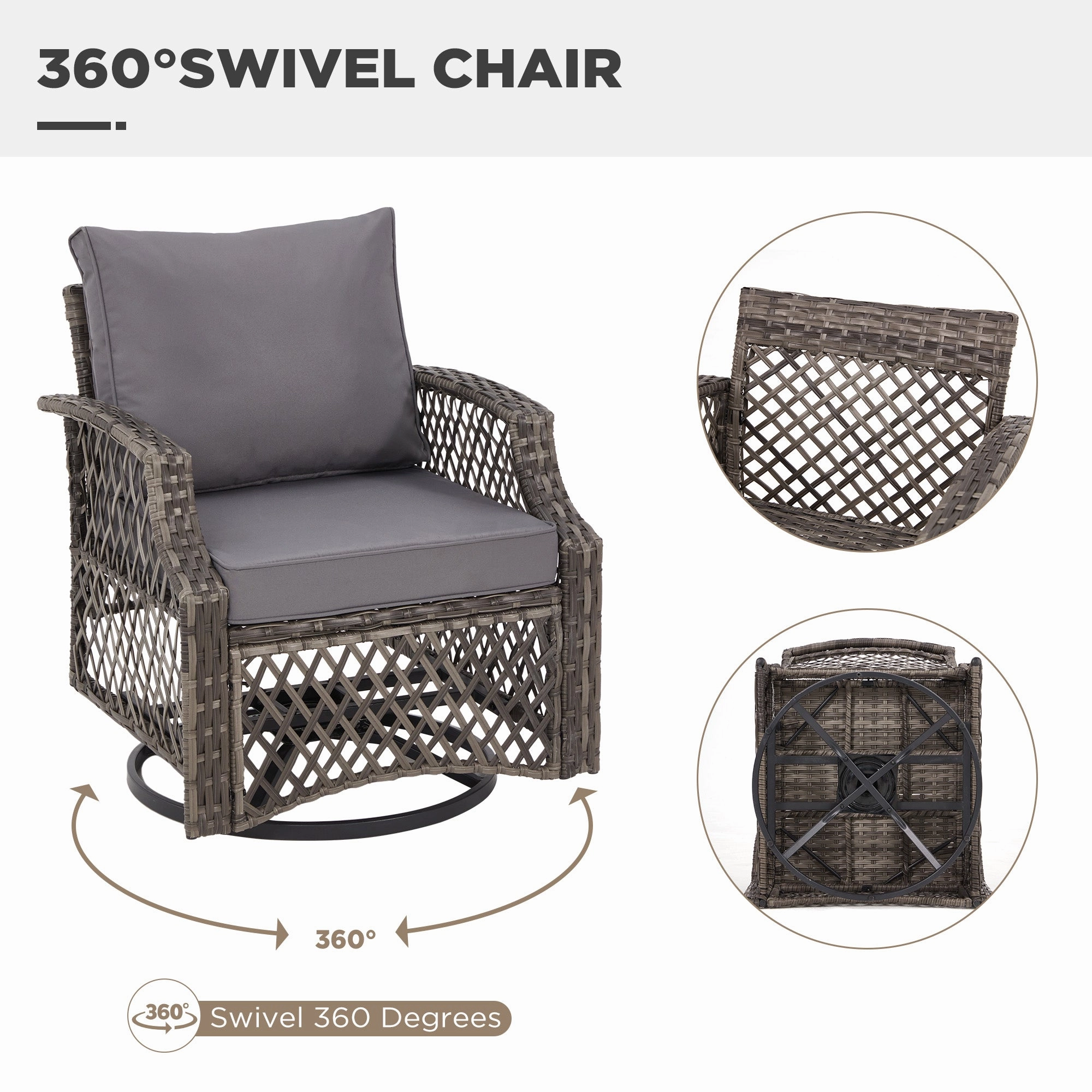HOMREST 3 Piece Outdoor Swivel Chair Set, Patio Furniture Conversation Set for Deck, Yard, Garden, Poolside(Gray)